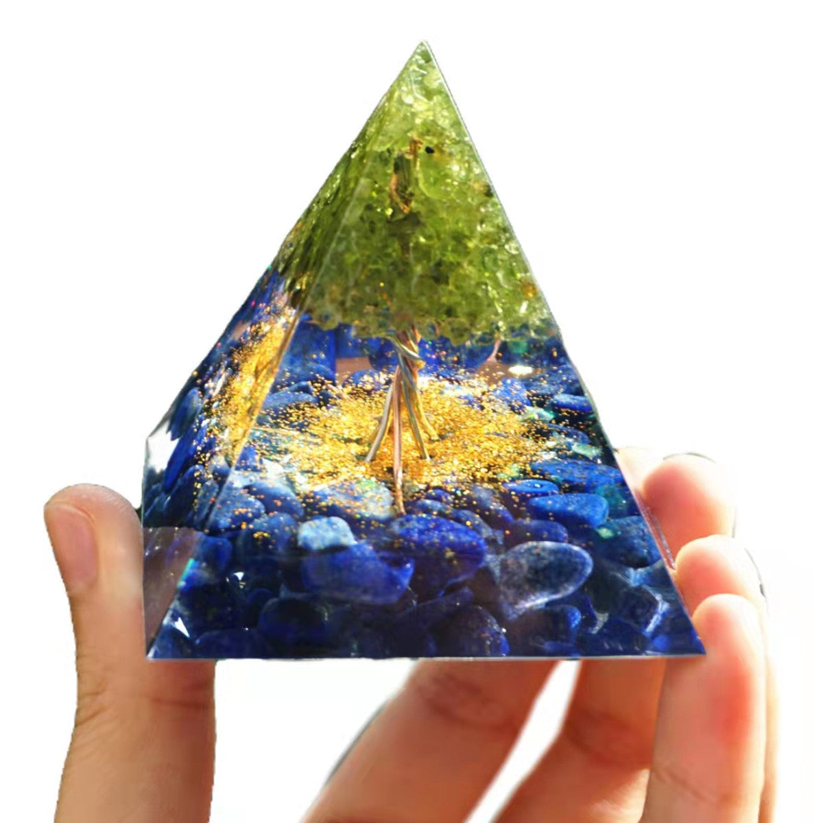 Peridot Tree of Life Orgonite Pyramid with Lapis Lazuli Crystal Healing Reiki Energy Orgone Collection