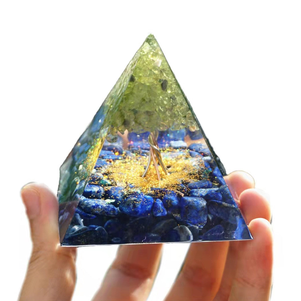 Peridot Tree of Life Orgonite Pyramid with Lapis Lazuli Crystal Healing Reiki Energy Orgone Collection