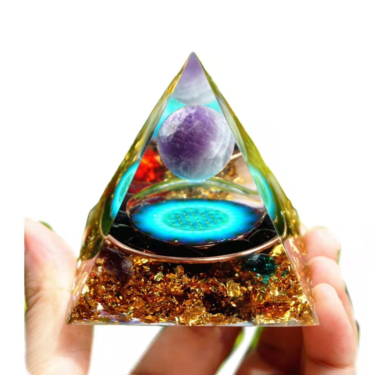 Amethyst Crystal Sphere Orgone Pyramid with Obsidian Red Rose Blue