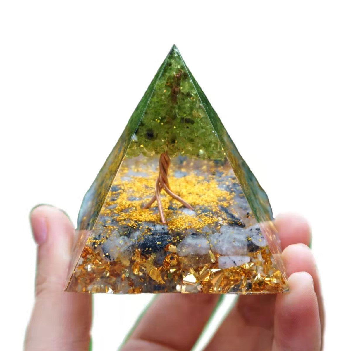 Tree Of Life Orgonite Pyramid Peridot with Black Rutilated Quartz Crystal Stone Healing Energy Orgone Collection