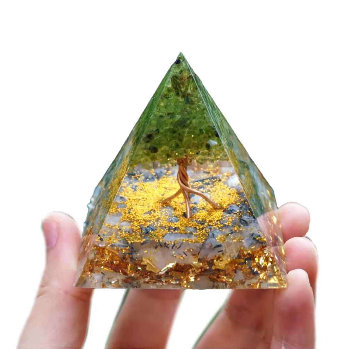 Tree Of Life Orgonite Pyramid Peridot with Black Rutilated Quartz Crystal Stone Healing Energy Orgone Collection