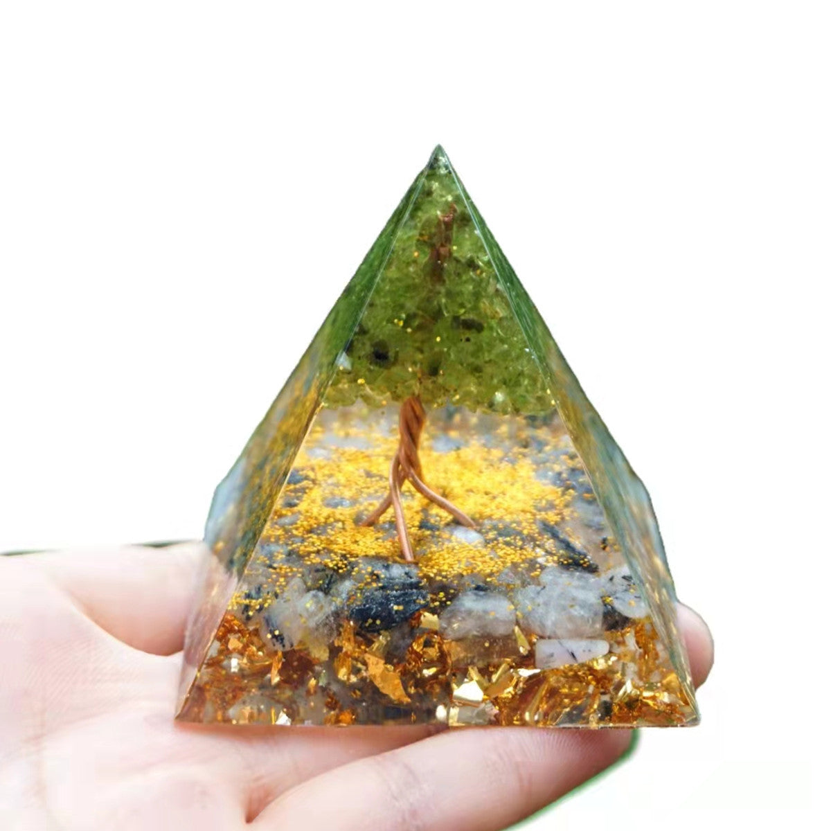 Tree Of Life Orgonite Pyramid Peridot with Black Rutilated Quartz Crystal Stone Healing Energy Orgone Collection