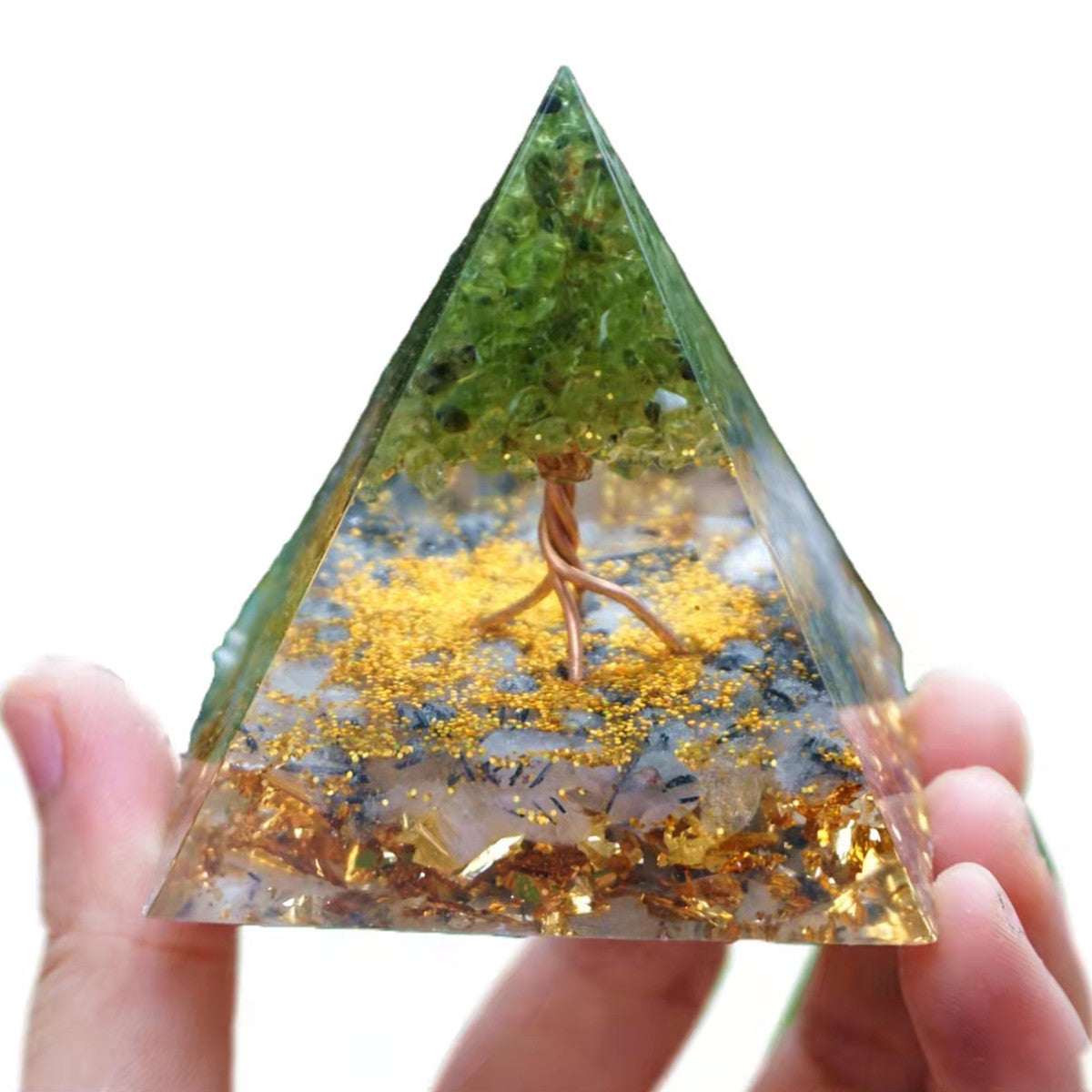 Tree Of Life Orgonite Pyramid Peridot with Black Rutilated Quartz Crystal Stone Healing Energy Orgone Collection