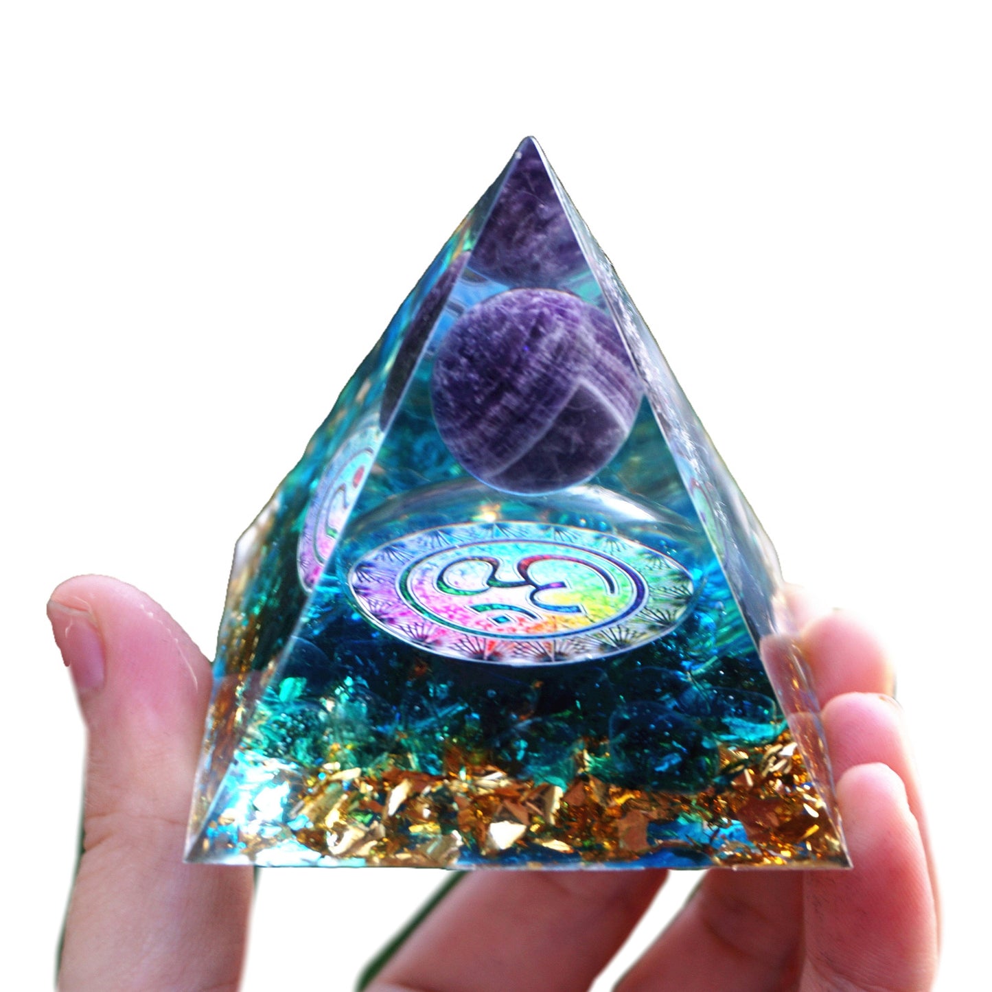 Amethyst Crystal Sphere Orgonite Pyramid with Blue Quartz Energy Healing Orgone Collection - Besorgone