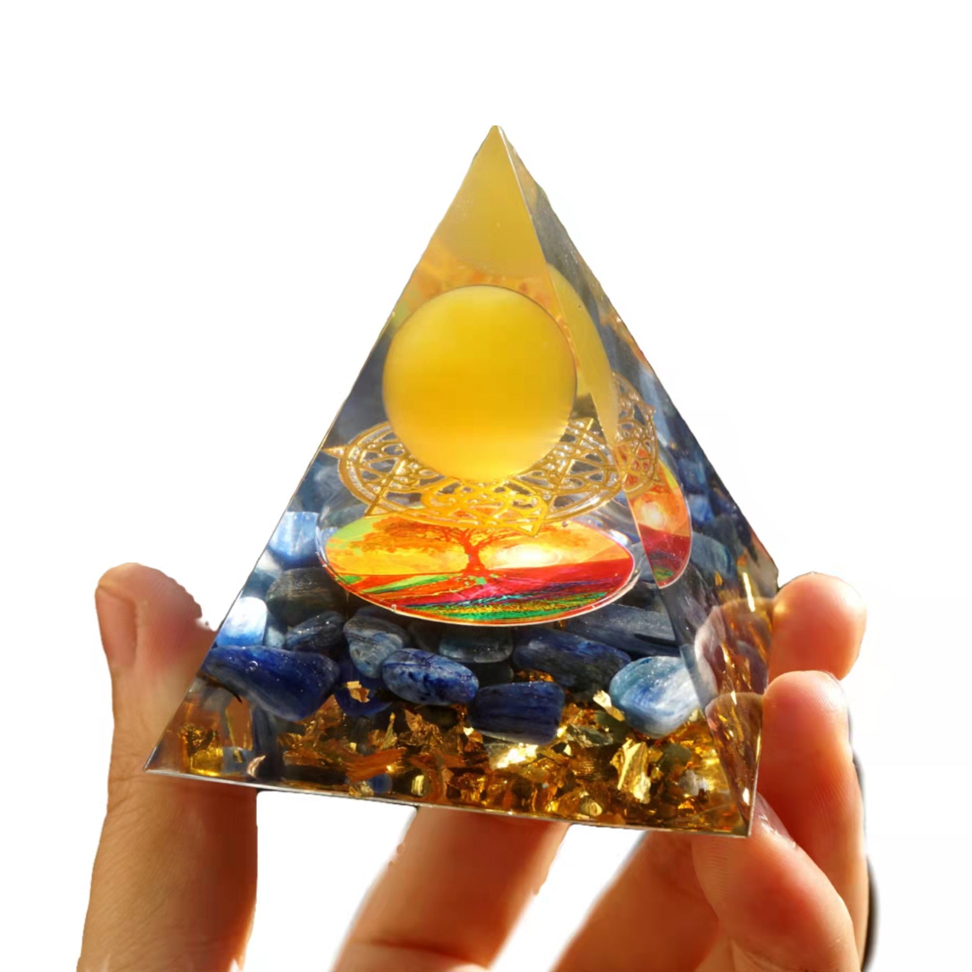 Yellow Agate Sphere Orgonite Pyramid with Kyanite Crystal Stone Reiki Energy Healing Orgone Collection - Besorgone