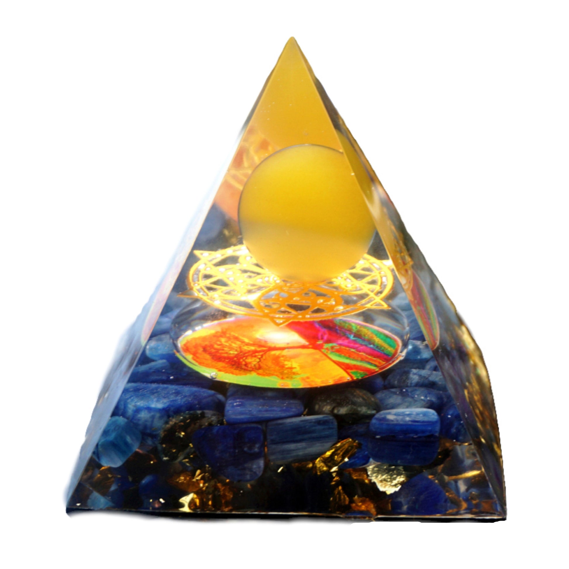 Yellow Agate Sphere Orgonite Pyramid with Kyanite Crystal Stone Reiki Energy Healing Orgone Collection - Besorgone