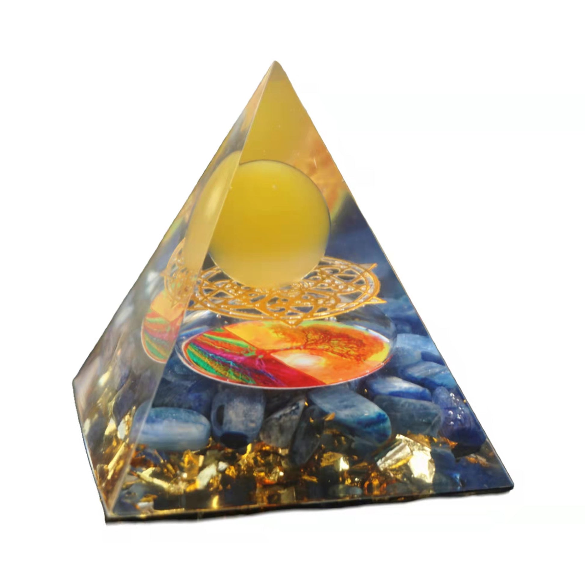 Yellow Agate Sphere Orgonite Pyramid with Kyanite Crystal Stone Reiki Energy Healing Orgone Collection - Besorgone