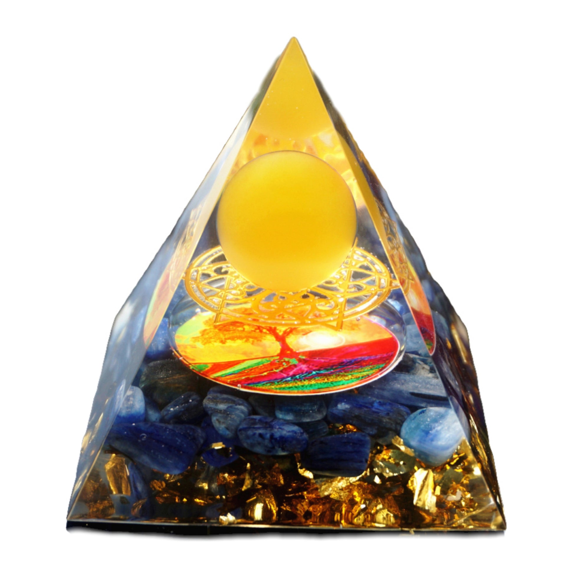 Yellow Agate Sphere Orgonite Pyramid with Kyanite Crystal Stone Reiki Energy Healing Orgone Collection - Besorgone