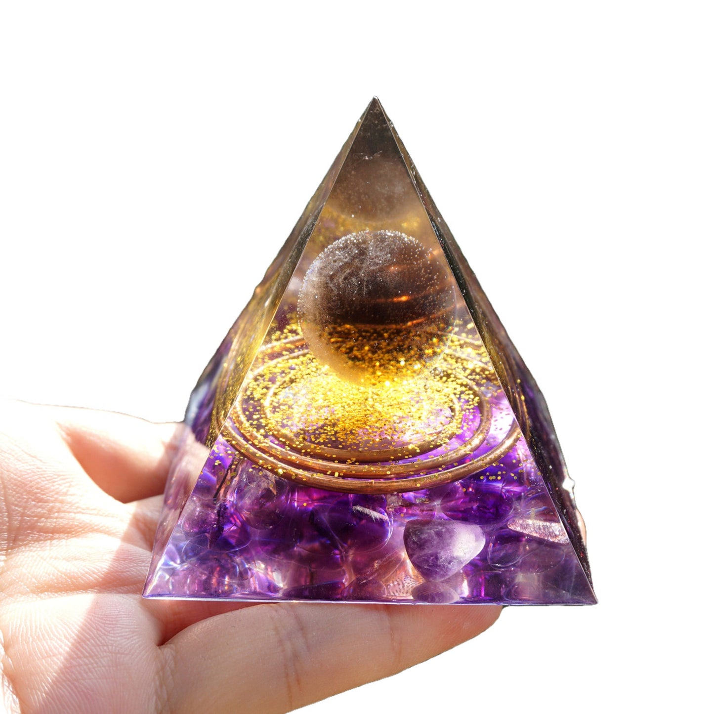 Smoky Quartz Sphere Orgonite Pyramid with Amethyst Crystal Healing Reiki Energy Orgone Collection - Besorgone