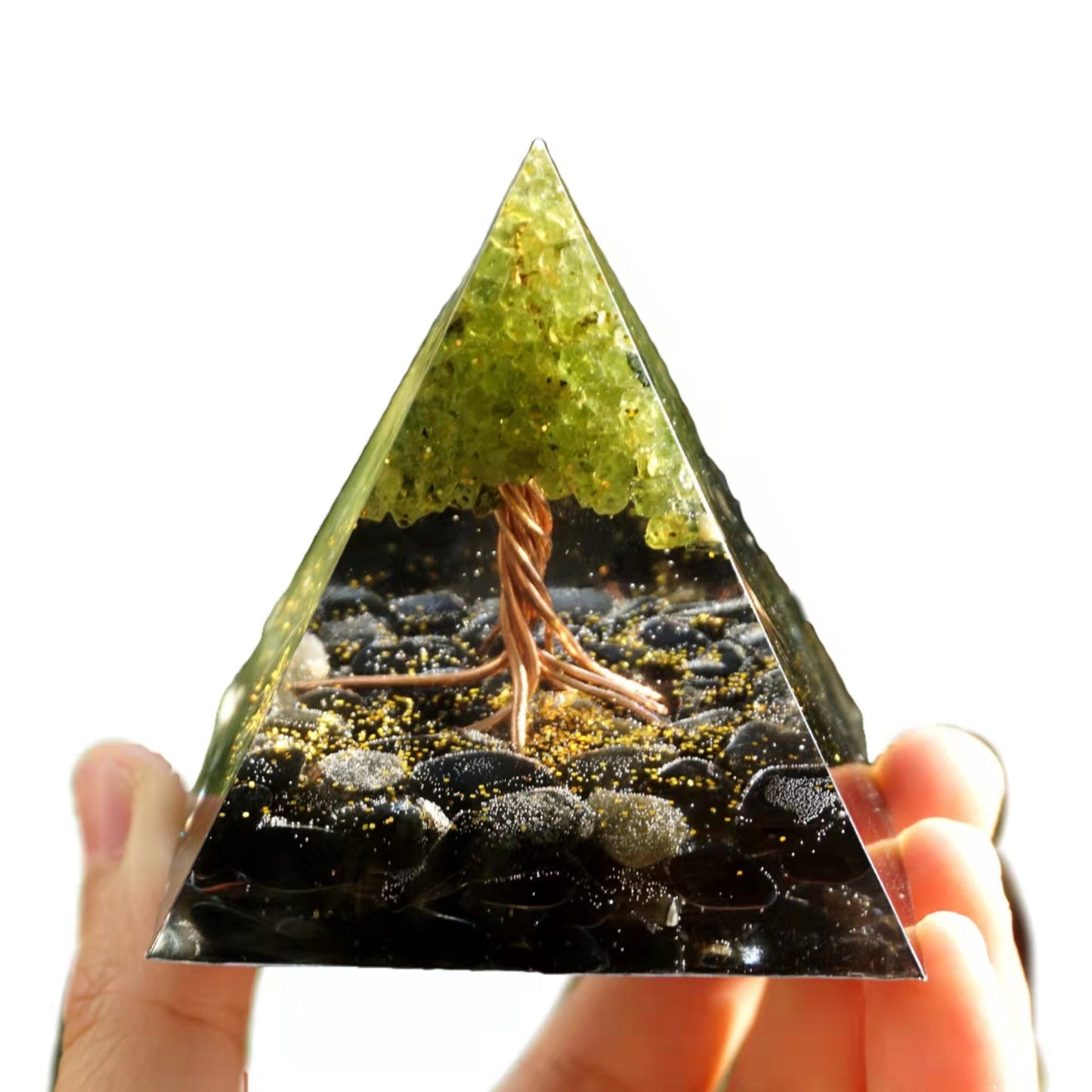 Tree of Life Orgonite Pyramid Peridot with Obsidian Crystal Stone Energy Healing Orgone Collection - Besorgone