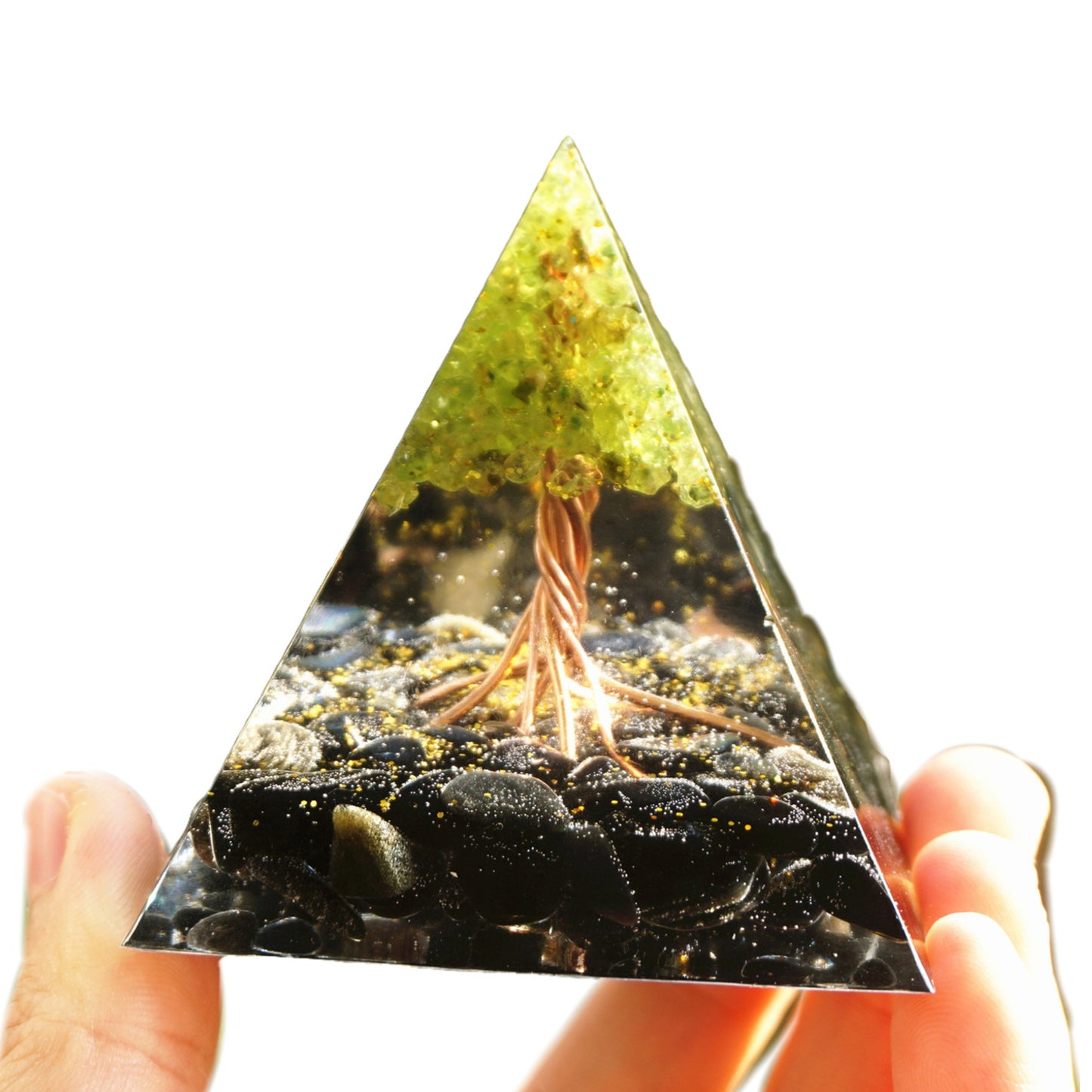 Tree of Life Orgonite Pyramid Peridot with Obsidian Crystal Stone Energy Healing Orgone Collection - Besorgone