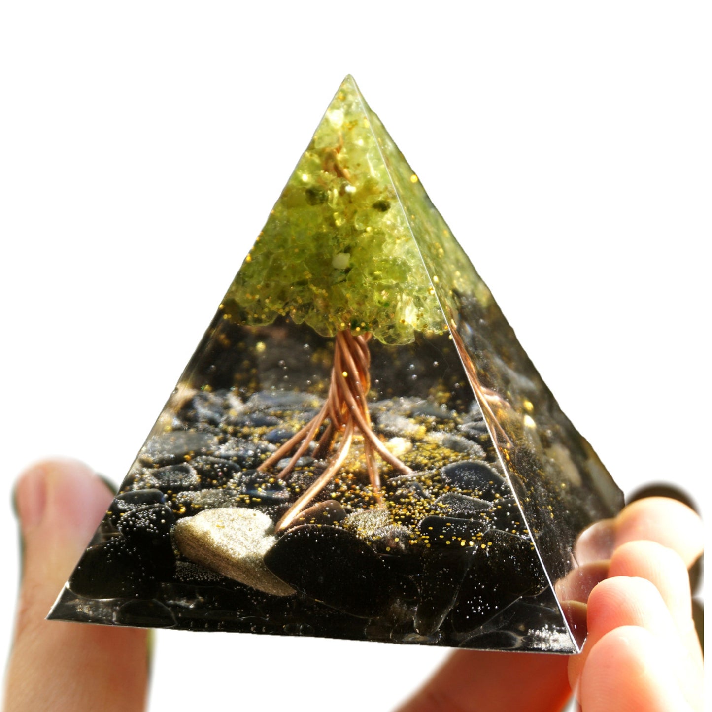 Tree of Life Orgonite Pyramid Peridot with Obsidian Crystal Stone Energy Healing Orgone Collection - Besorgone