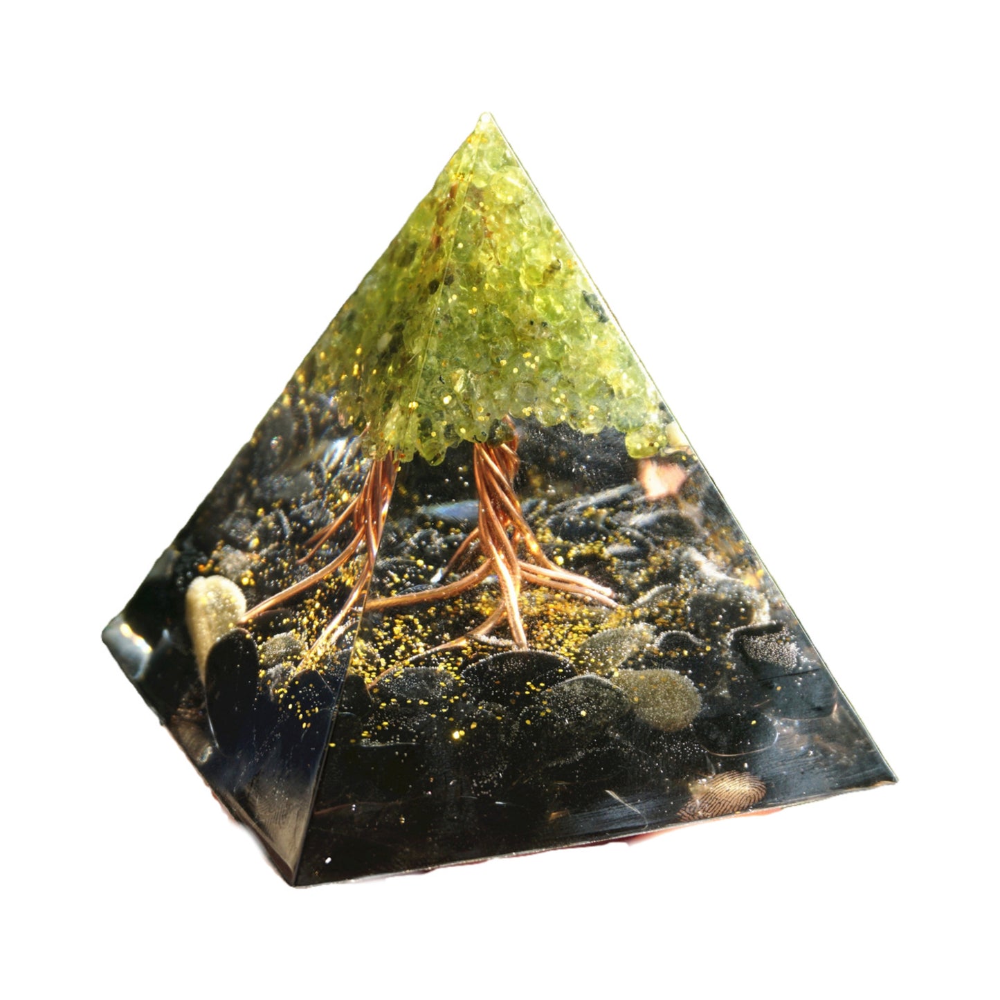 Tree of Life Orgonite Pyramid Peridot with Obsidian Crystal Stone Energy Healing Orgone Collection - Besorgone