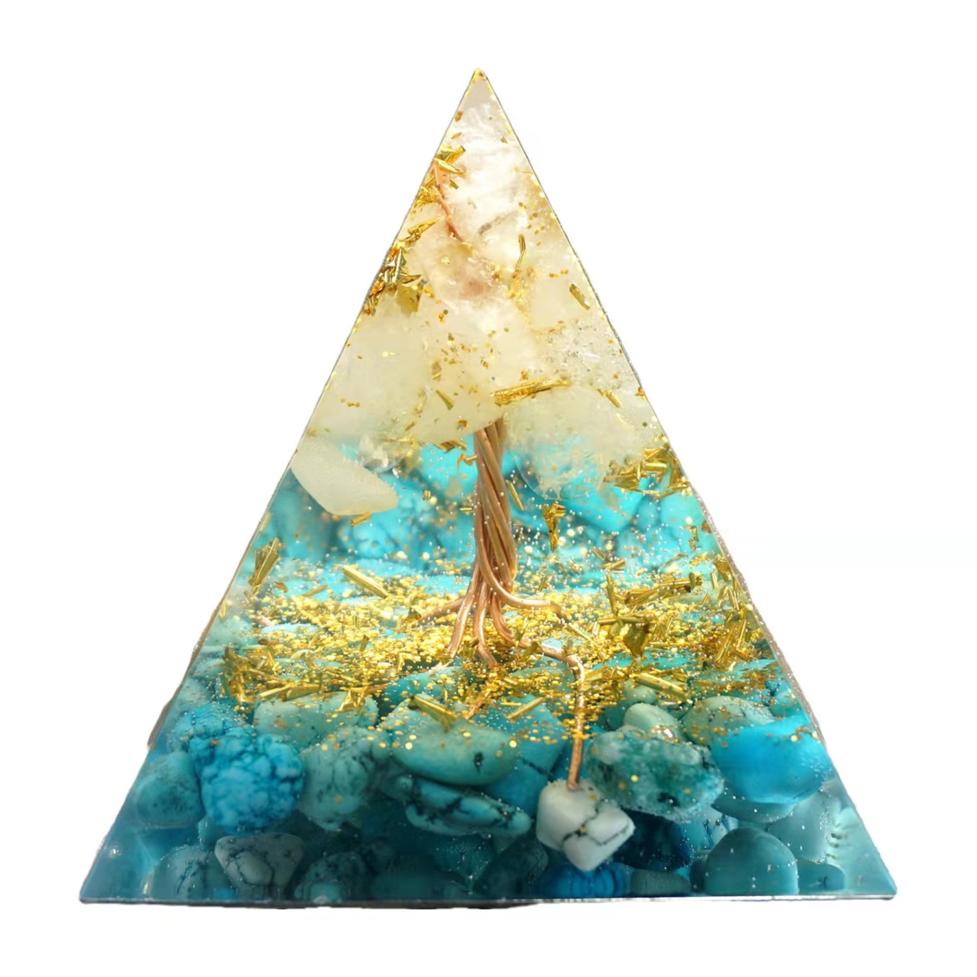 Tree of Life Orgone Pyramid White Quartz with Turquoise PTSD Crystal Healing Energy Orgonite Pyramide - Besorgone