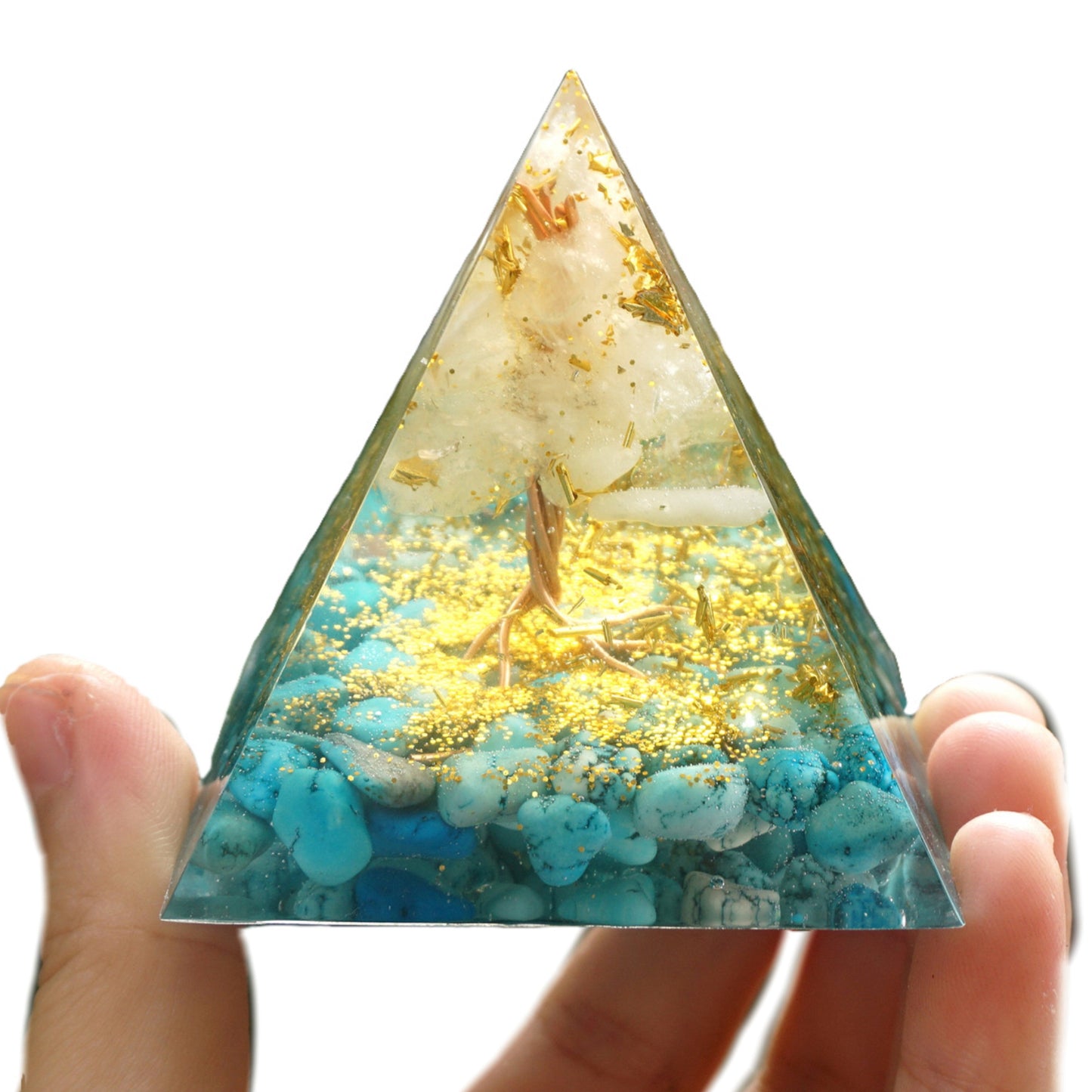 Tree of Life Orgone Pyramid White Quartz with Turquoise PTSD Crystal Healing Energy Orgonite Pyramide - Besorgone