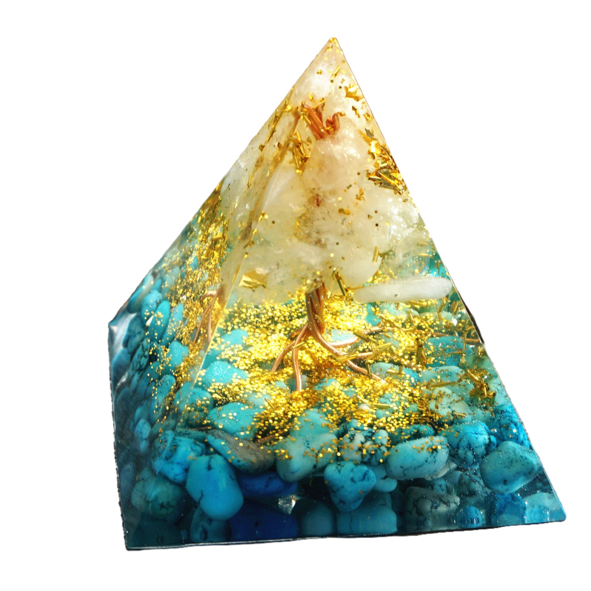 Tree of Life Orgone Pyramid White Quartz with Turquoise PTSD Crystal Healing Energy Orgonite Pyramide - Besorgone