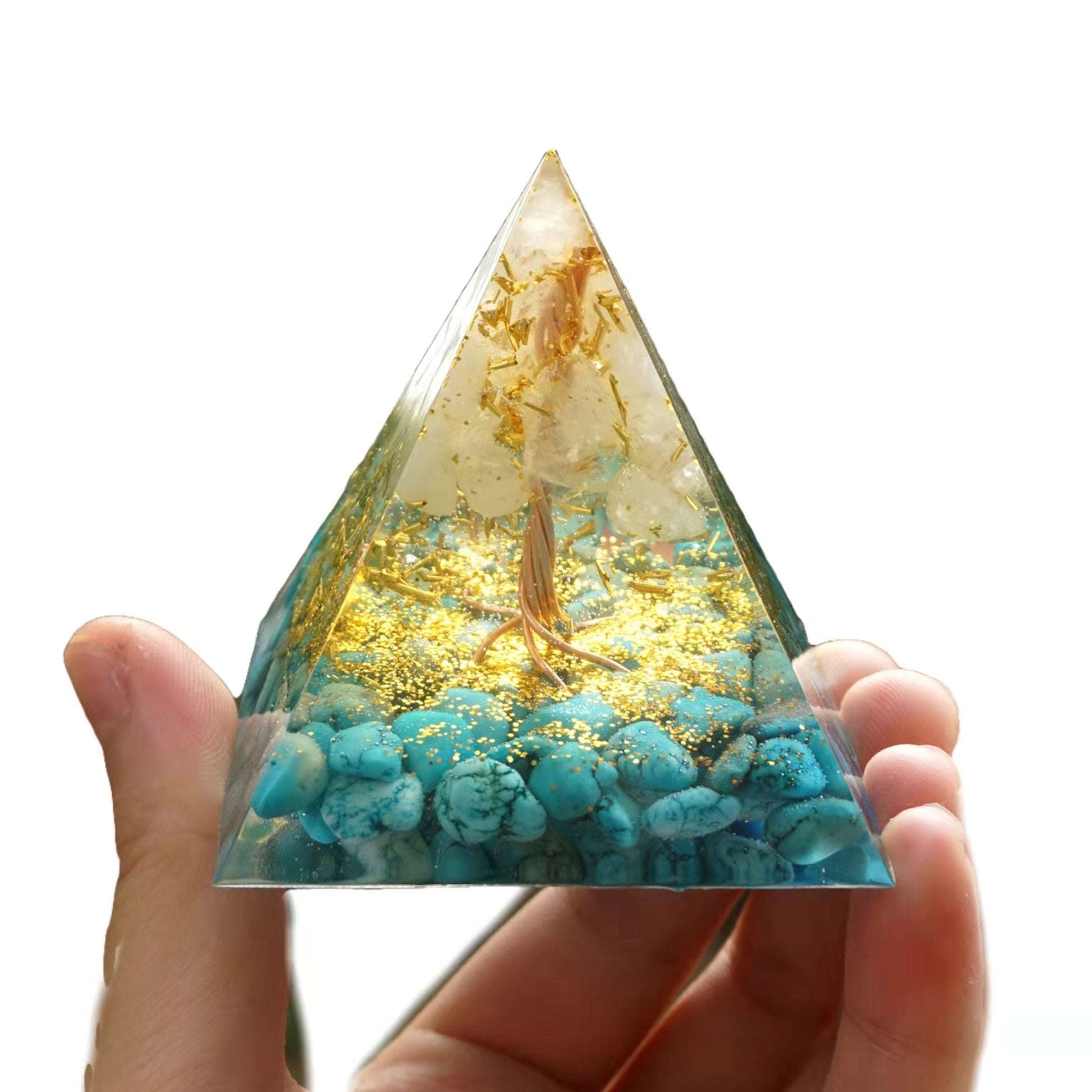 Tree of Life Orgone Pyramid White Quartz with Turquoise PTSD Crystal Healing Energy Orgonite Pyramide - Besorgone