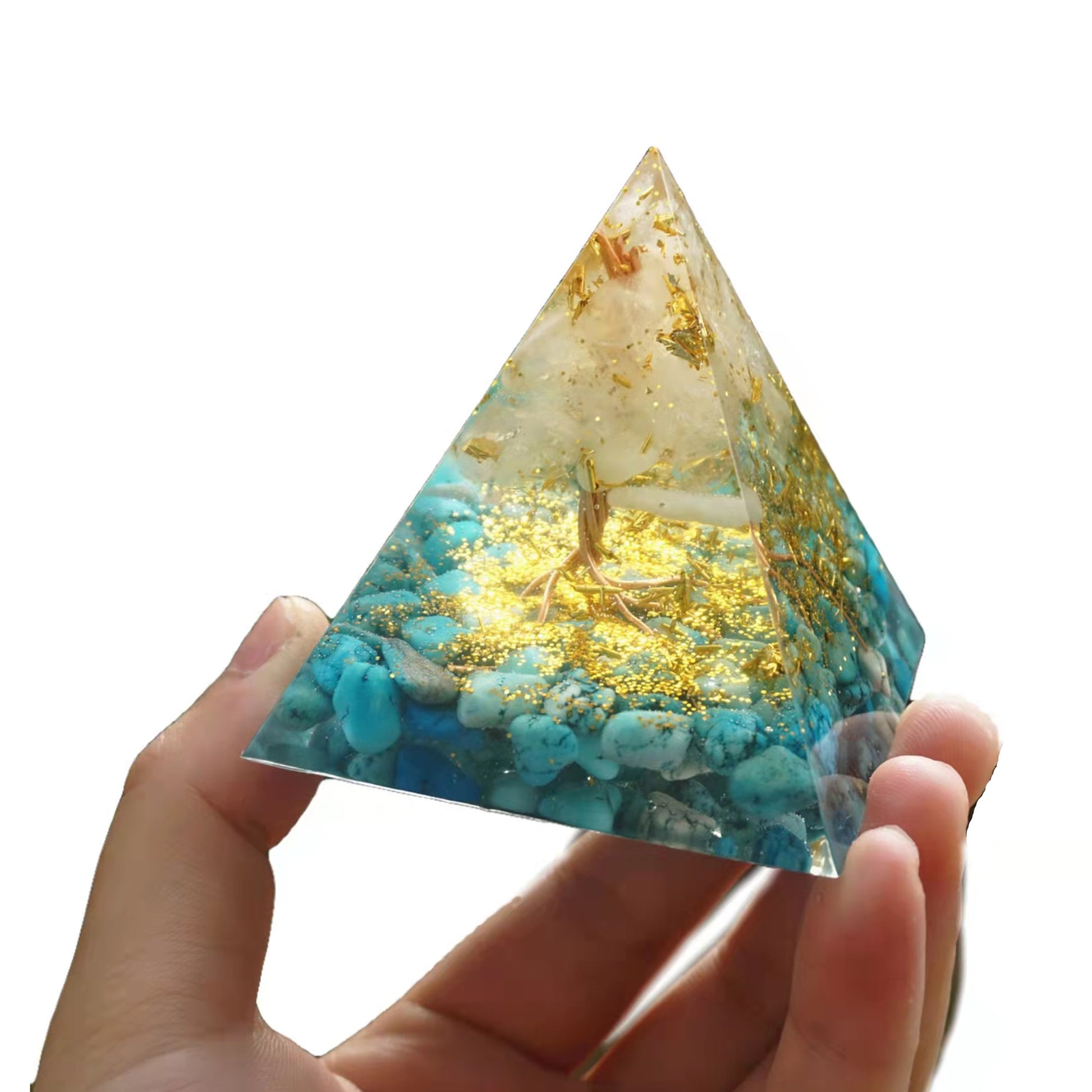 Tree of Life Orgone Pyramid White Quartz with Turquoise PTSD Crystal Healing Energy Orgonite Pyramide - Besorgone