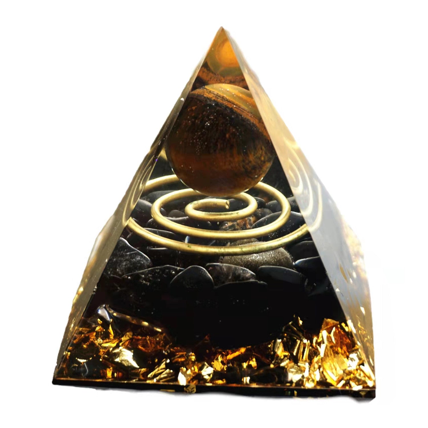 Tiger Eye Crystal Sphere Orgonite Pyramid with Obsidian Stone Reiki Energy Healing Orgone Collection - Besorgone