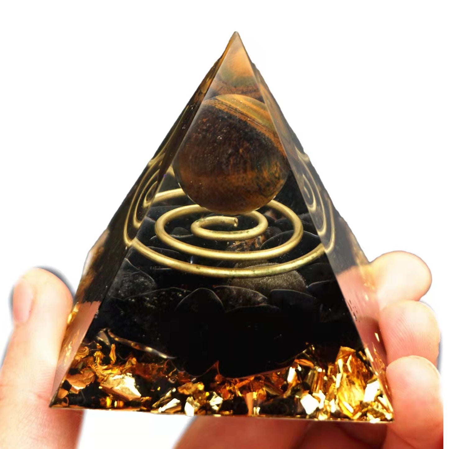 Tiger Eye Crystal Sphere Orgonite Pyramid with Obsidian Stone Reiki Energy Healing Orgone Collection - Besorgone