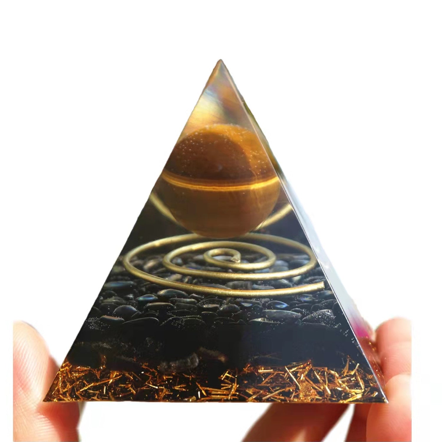 Tiger Eye Crystal Sphere Orgonite Pyramid with Obsidian Stone Reiki Energy Healing Orgone Collection - Besorgone