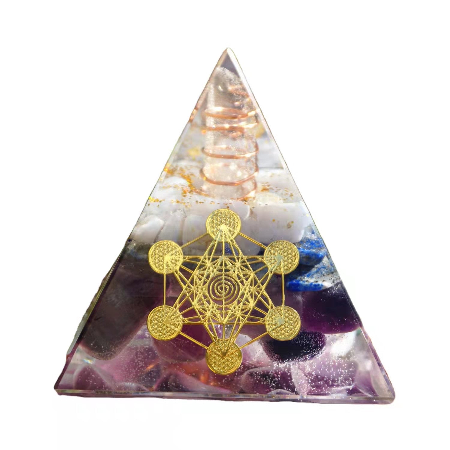 Orgone Pyramid White Quartz Point with Lapis Lazuli Amethyst Energy Symbol Sticker Crystal Orgonite Collection - Besorgone