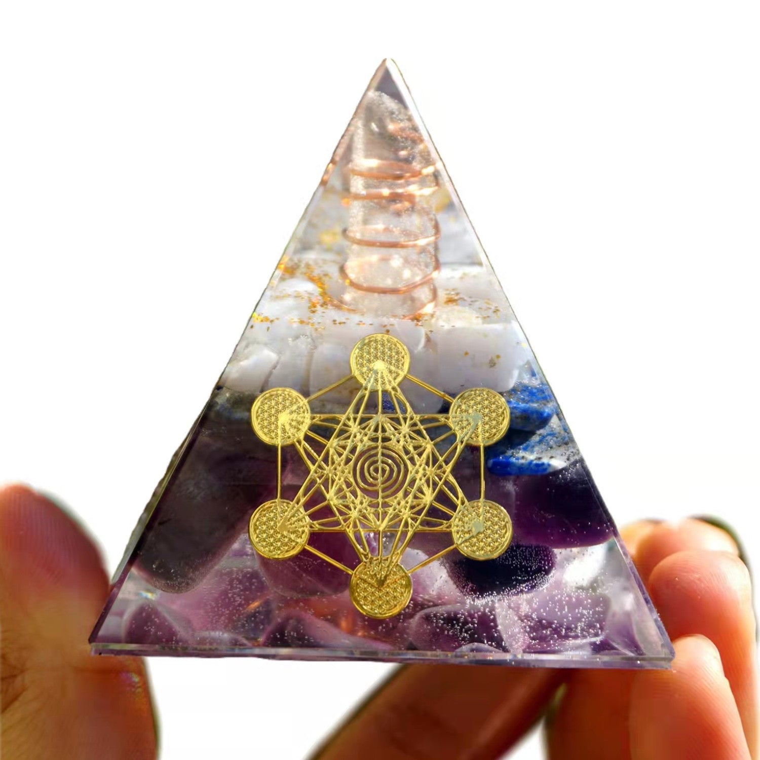 Orgone Pyramid White Quartz Point with Lapis Lazuli Amethyst Energy Symbol Sticker Crystal Orgonite Collection - Besorgone