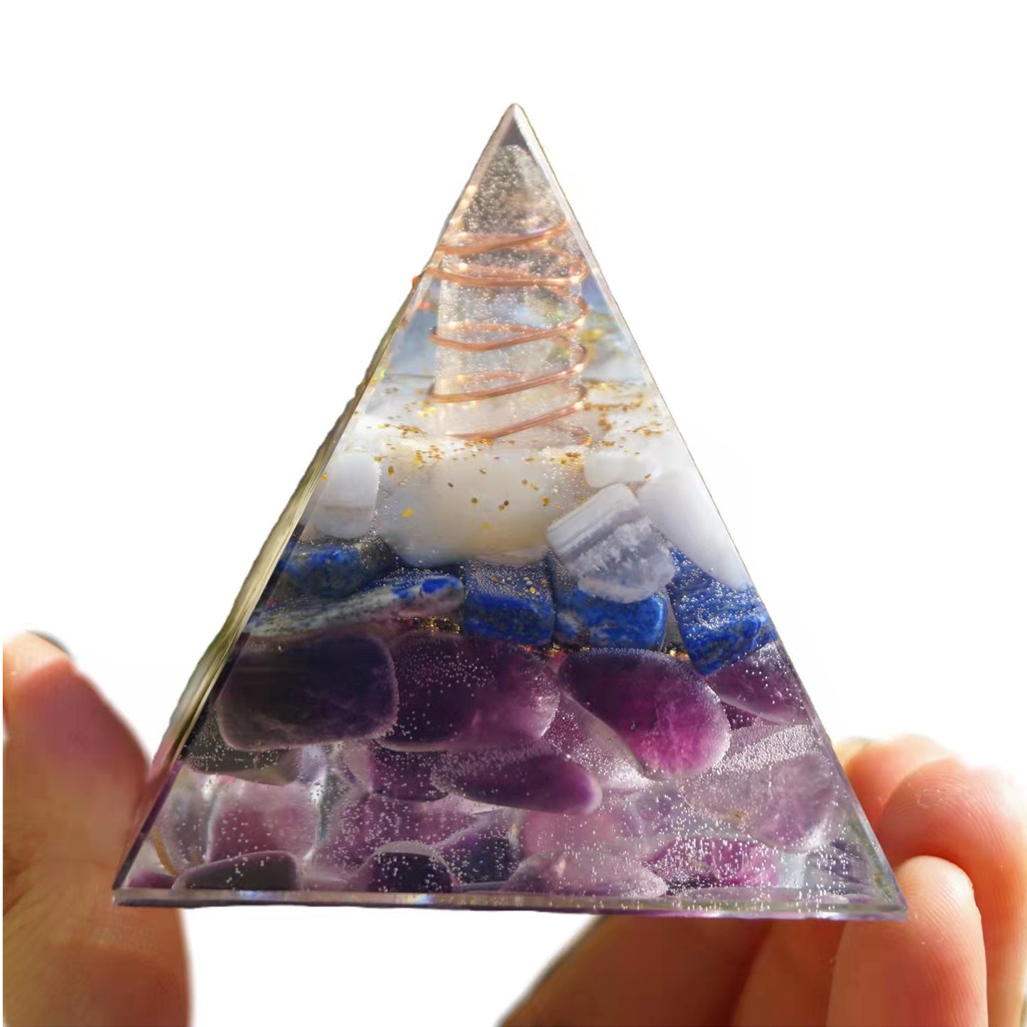 Orgone Pyramid White Quartz Point with Lapis Lazuli Amethyst Energy Symbol Sticker Crystal Orgonite Collection - Besorgone