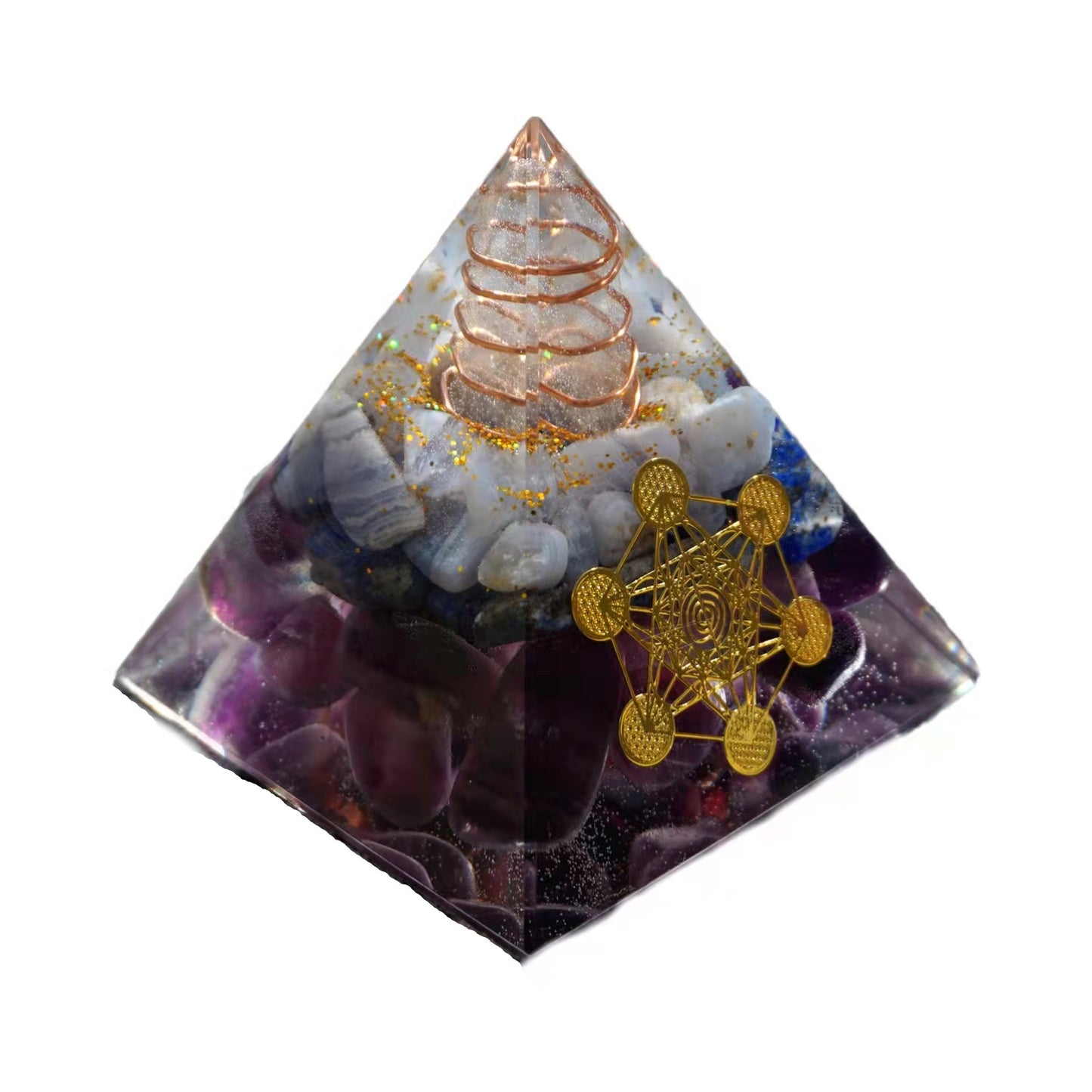 Orgone Pyramid White Quartz Point with Lapis Lazuli Amethyst Energy Symbol Sticker Crystal Orgonite Collection - Besorgone