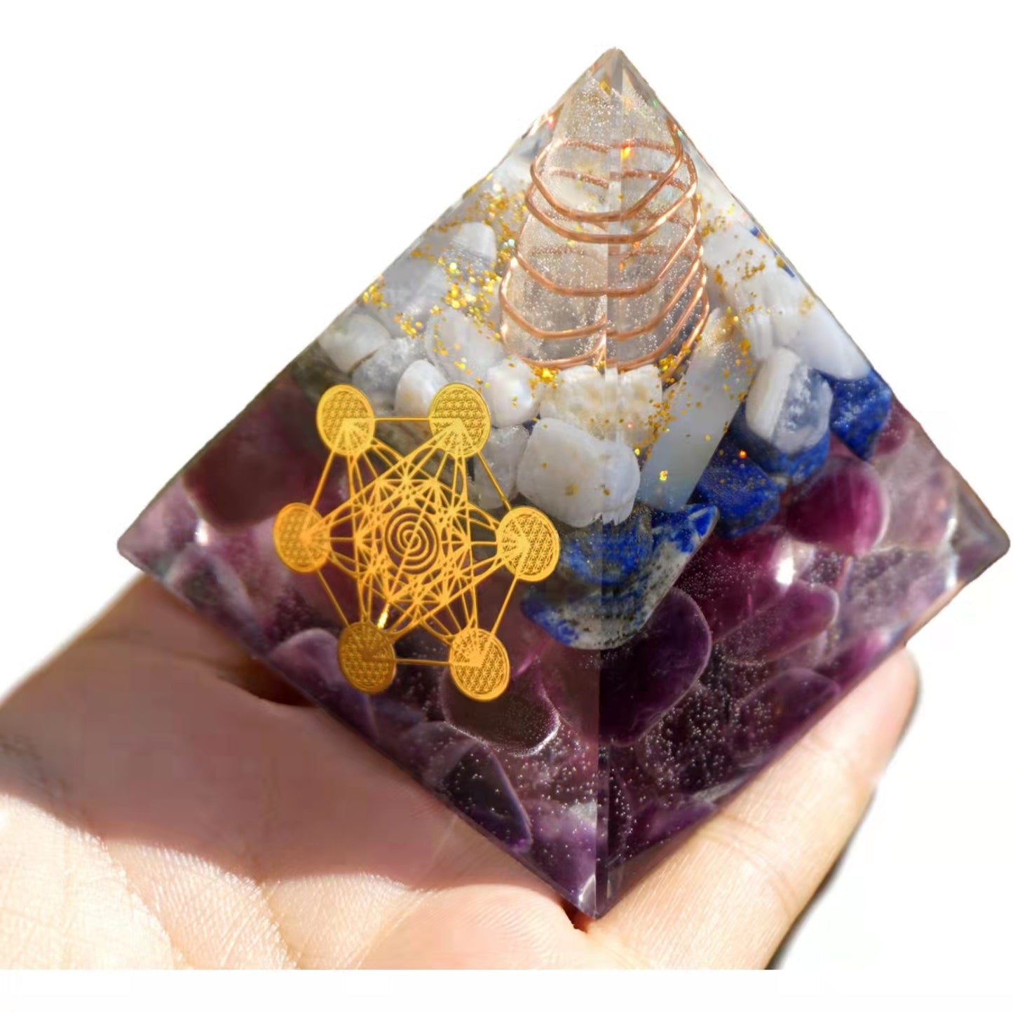 Orgone Pyramid White Quartz Point with Lapis Lazuli Amethyst Energy Symbol Sticker Crystal Orgonite Collection - Besorgone