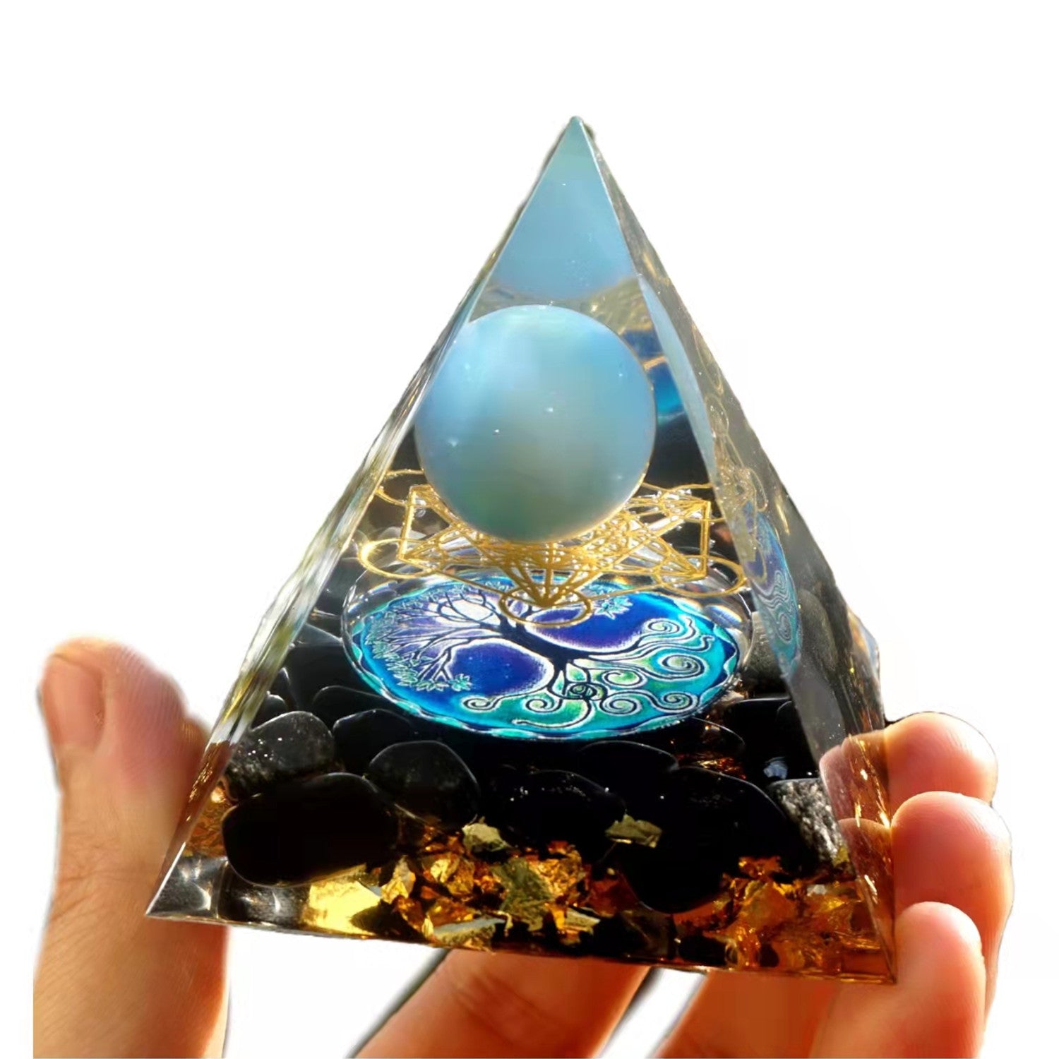 BLUE LACE AGATE SPHERE OBSIDIAN ORGONE PYRAMID CRYSTAL HEALING CHAKRA ENERGY ORGONITE PYRAMIDE - Besorgone