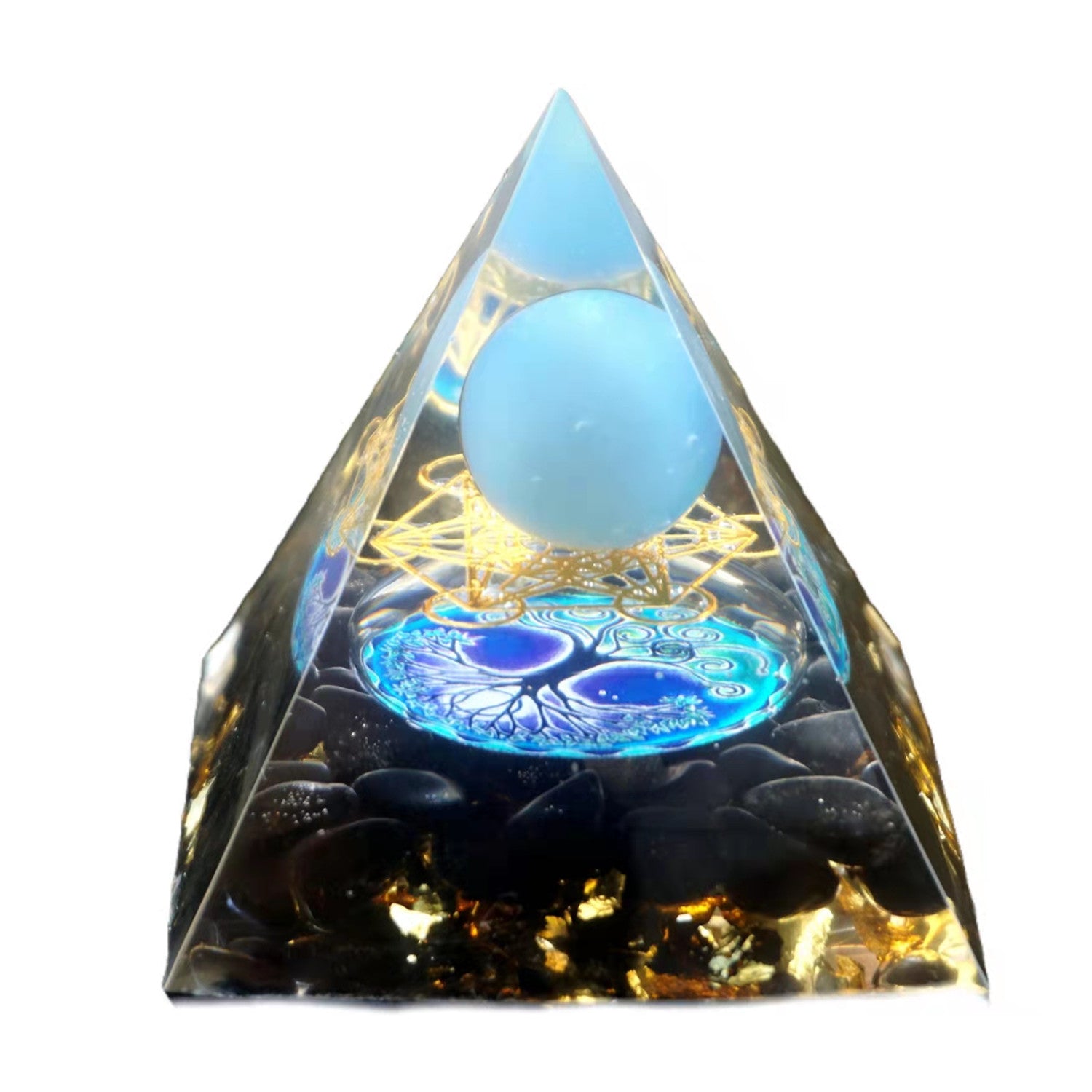 BLUE LACE AGATE SPHERE OBSIDIAN ORGONE PYRAMID CRYSTAL HEALING CHAKRA ENERGY ORGONITE PYRAMIDE - Besorgone