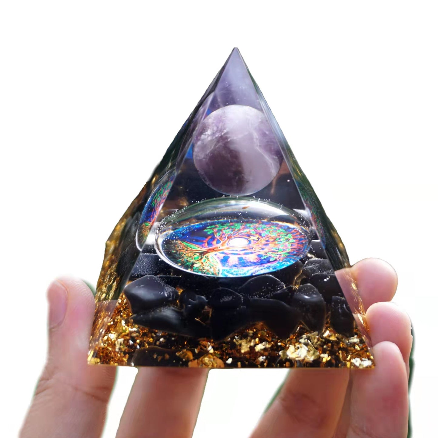 Amethyst Sphere Orgonite Pyramid with Obsidian Crystal Energy Healing Orgone - Besorgone