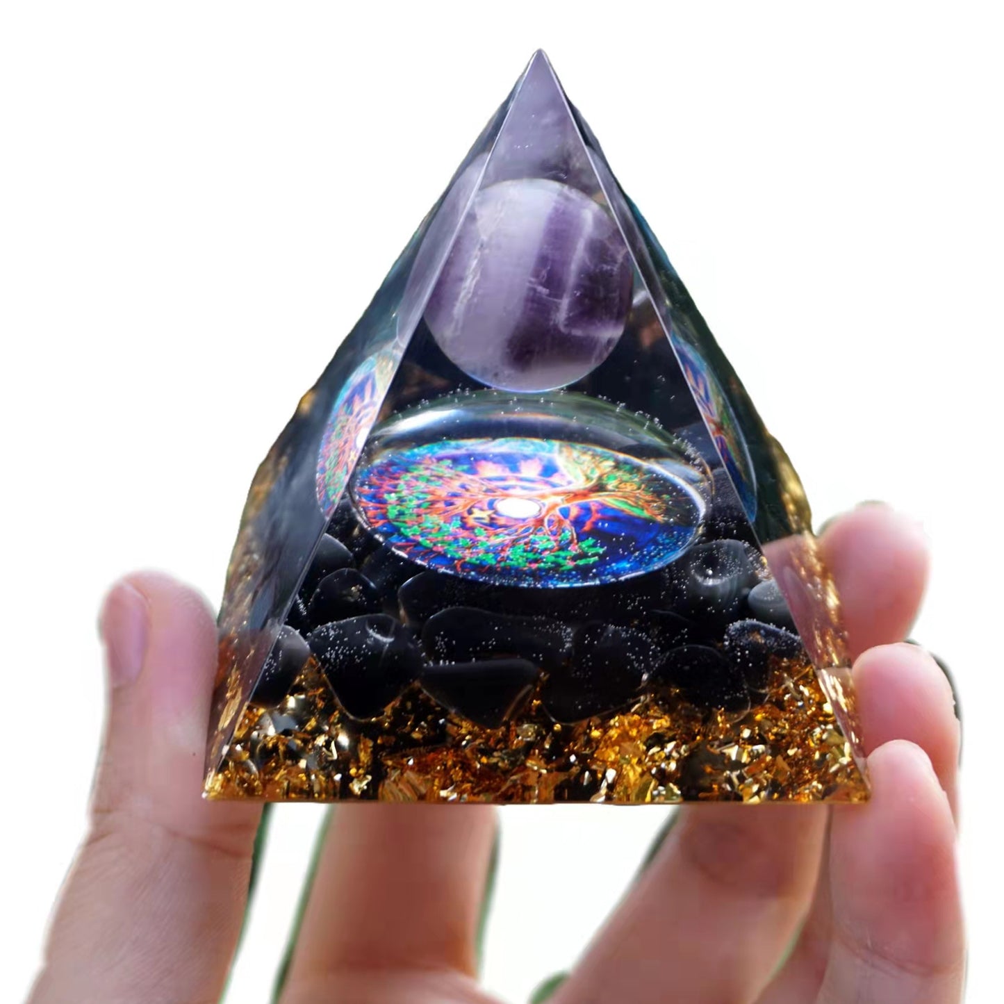 Amethyst Sphere Orgonite Pyramid with Obsidian Crystal Energy Healing Orgone - Besorgone