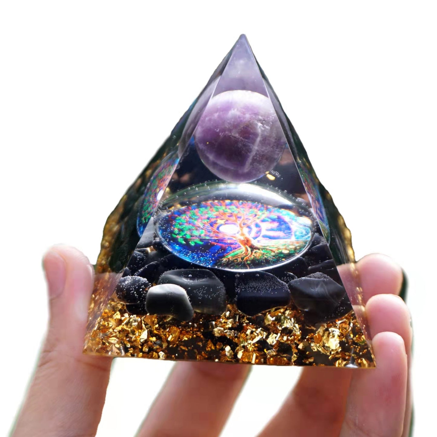 Amethyst Sphere Orgonite Pyramid with Obsidian Crystal Energy Healing Orgone - Besorgone