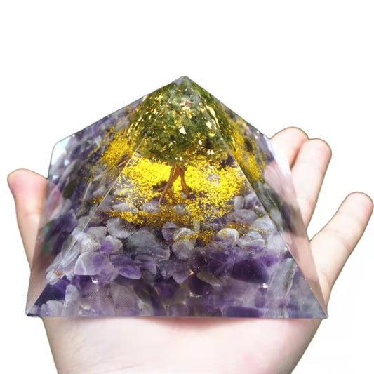 9.5CM Tree of Life Orgone Pyramid Peridot Amethyst Crystal Energy Healing Chakra Reiki Large Orgonite Pyramide