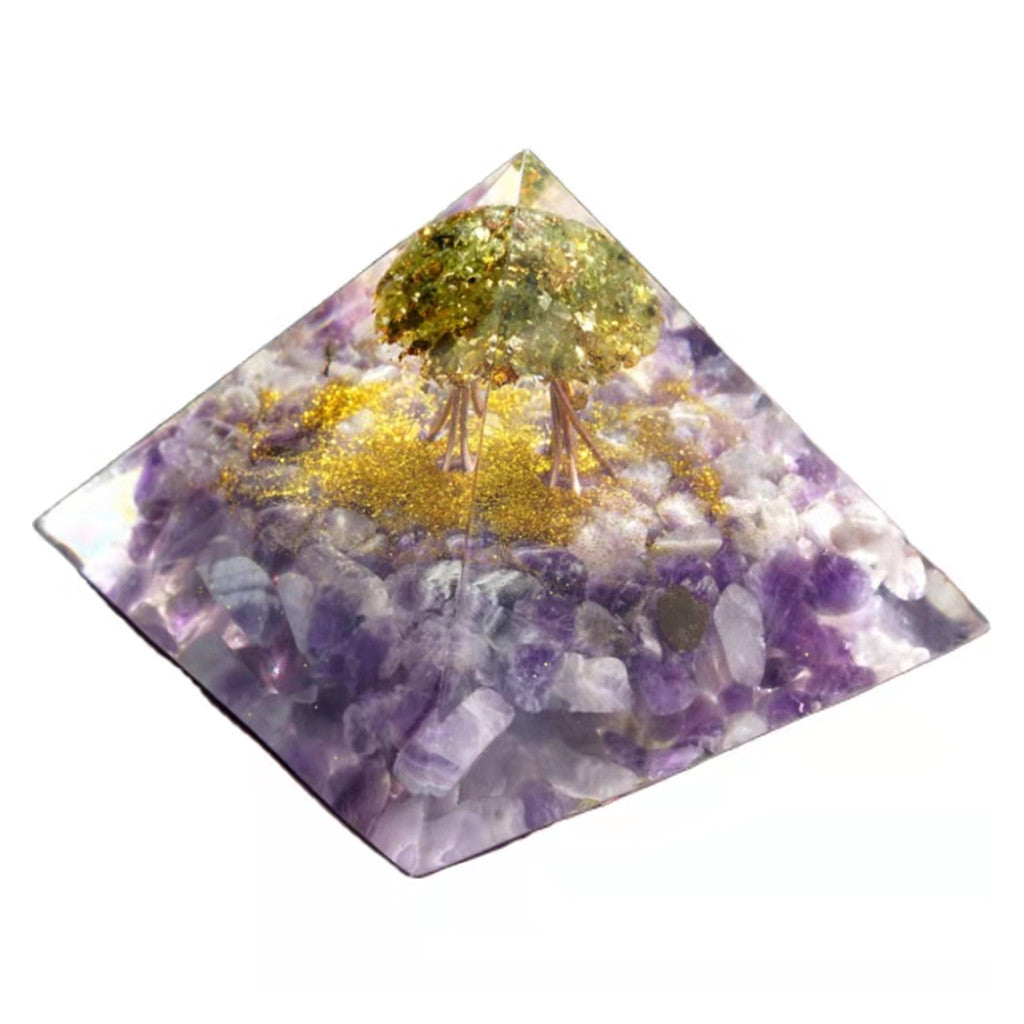 9.5CM Tree of Life Orgone Pyramid Peridot Amethyst Crystal Energy Healing Chakra Reiki Large Orgonite Pyramide