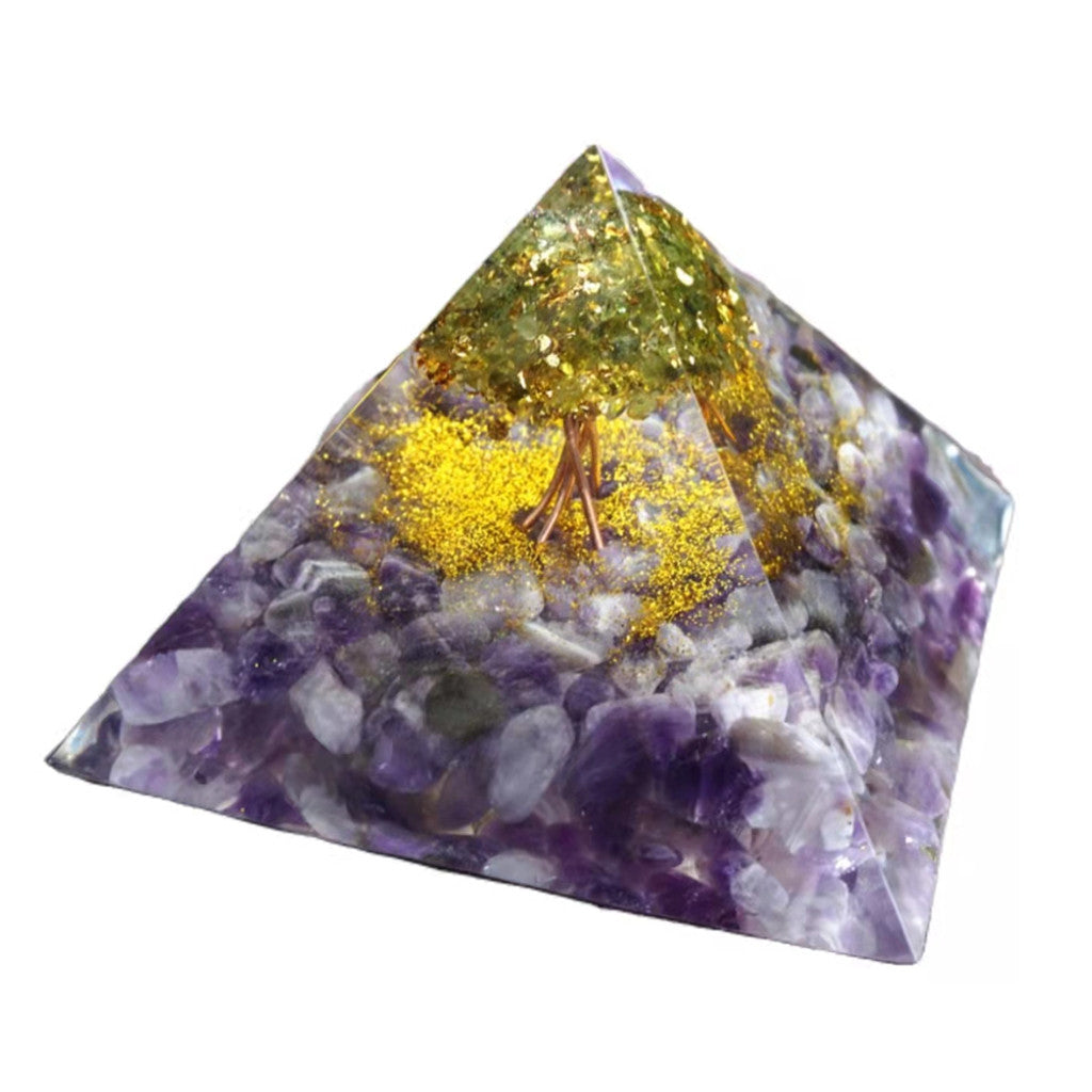 9.5CM Tree of Life Orgone Pyramid Peridot Amethyst Crystal Energy Healing Chakra Reiki Large Orgonite Pyramide