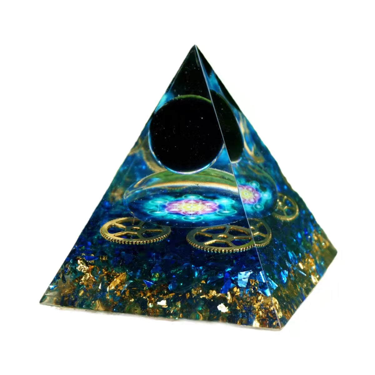 Obsidian Crystal Sphere Orgone Pyramid with Blue Quartz Energy Healing Chakra Reiki Orgonite Pyramide