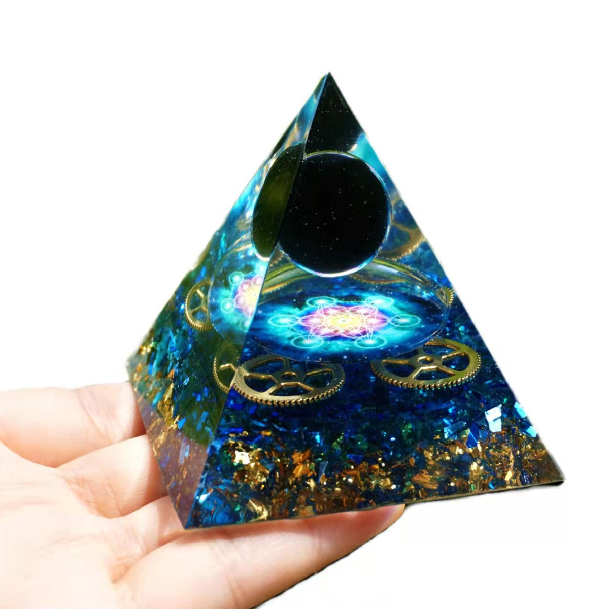 Obsidian Crystal Sphere Orgone Pyramid with Blue Quartz Energy Healing Chakra Reiki Orgonite Pyramide