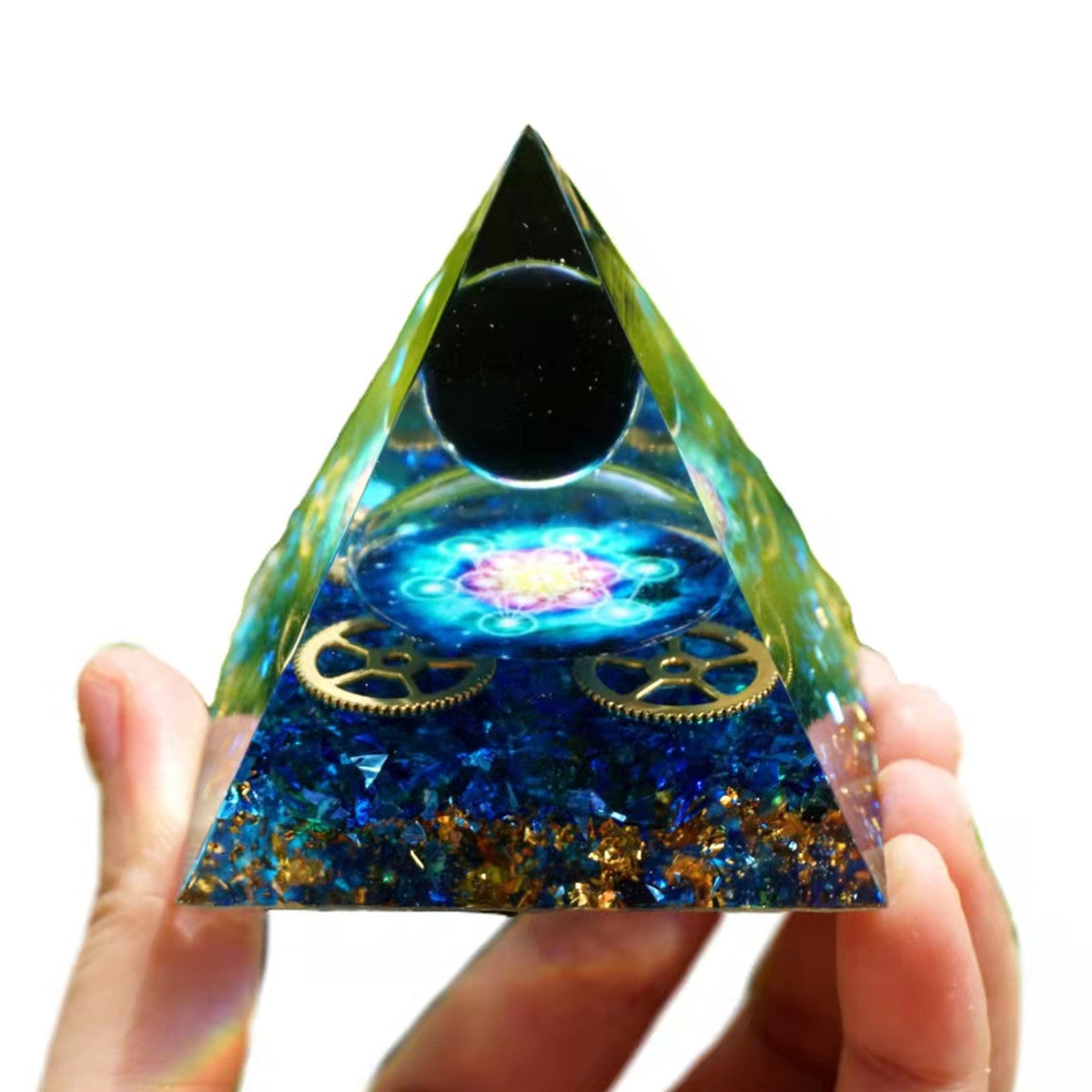 Obsidian Crystal Sphere Orgone Pyramid with Blue Quartz Energy Healing Chakra Reiki Orgonite Pyramide