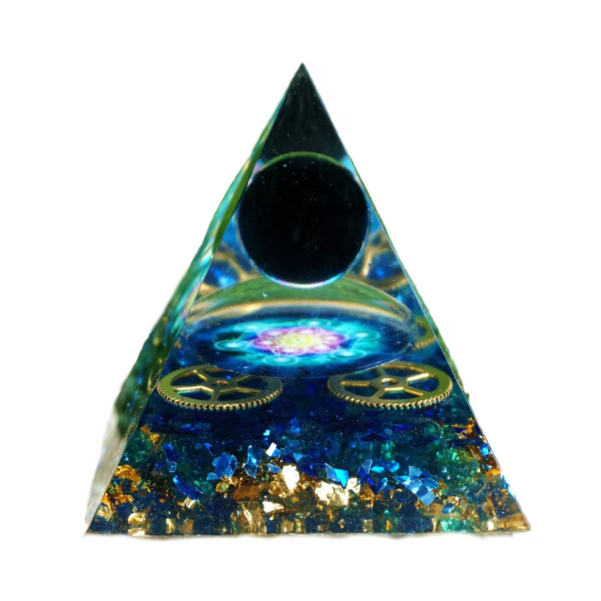 Obsidian Crystal Sphere Orgone Pyramid with Blue Quartz Energy Healing Chakra Reiki Orgonite Pyramide