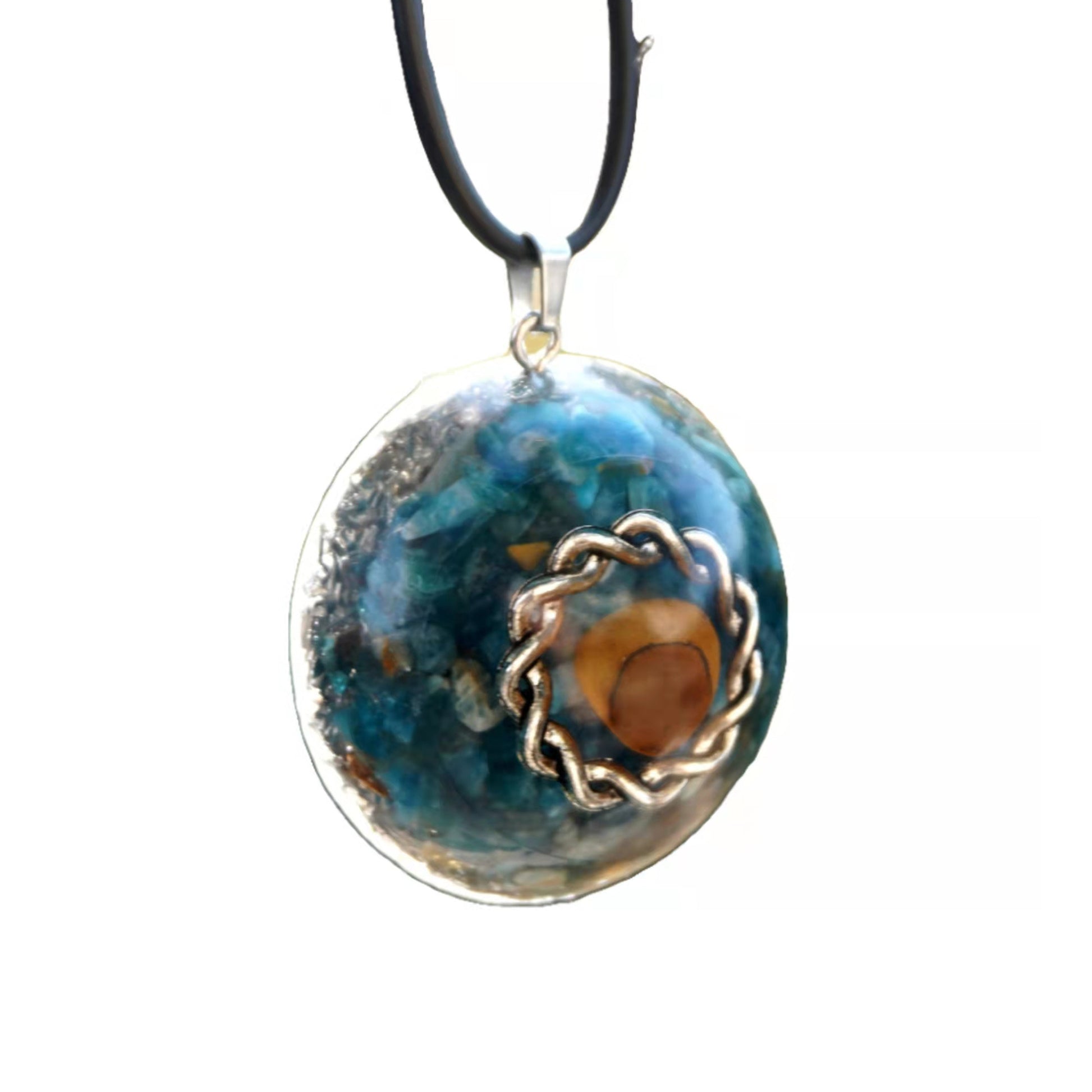 Orgone Pendant Necklace Blue Apatite & Tiger Eye Crystal Mineral Stone Aluminum Shavings Orgonite Necklace - Besorgone