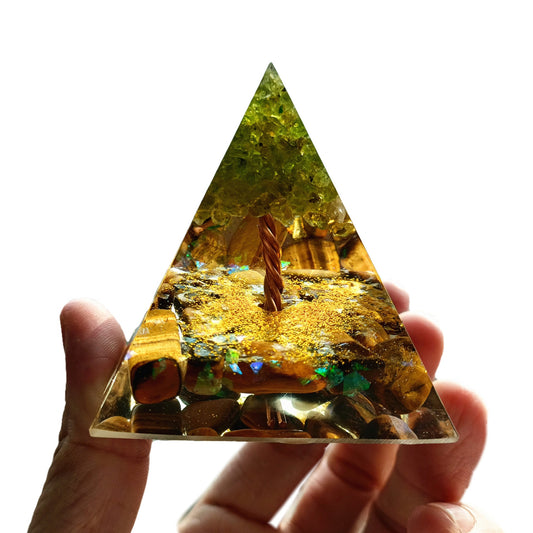 Tiger Eye Tree of Life Orgonite Pyramid with Peridot Crystal Stone Orgone Collection - Besorgone