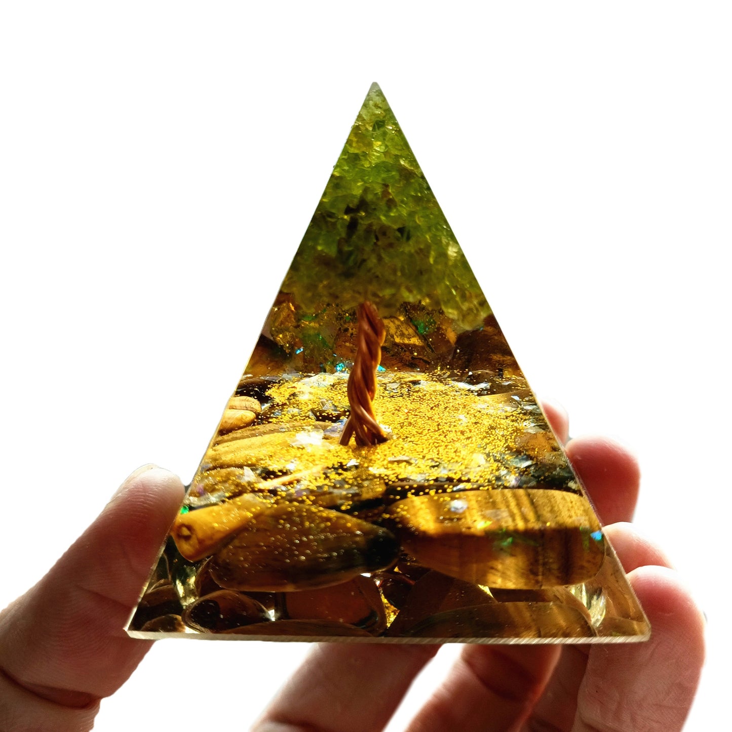 Tiger Eye Tree of Life Orgonite Pyramid with Peridot Crystal Stone Orgone Collection - Besorgone