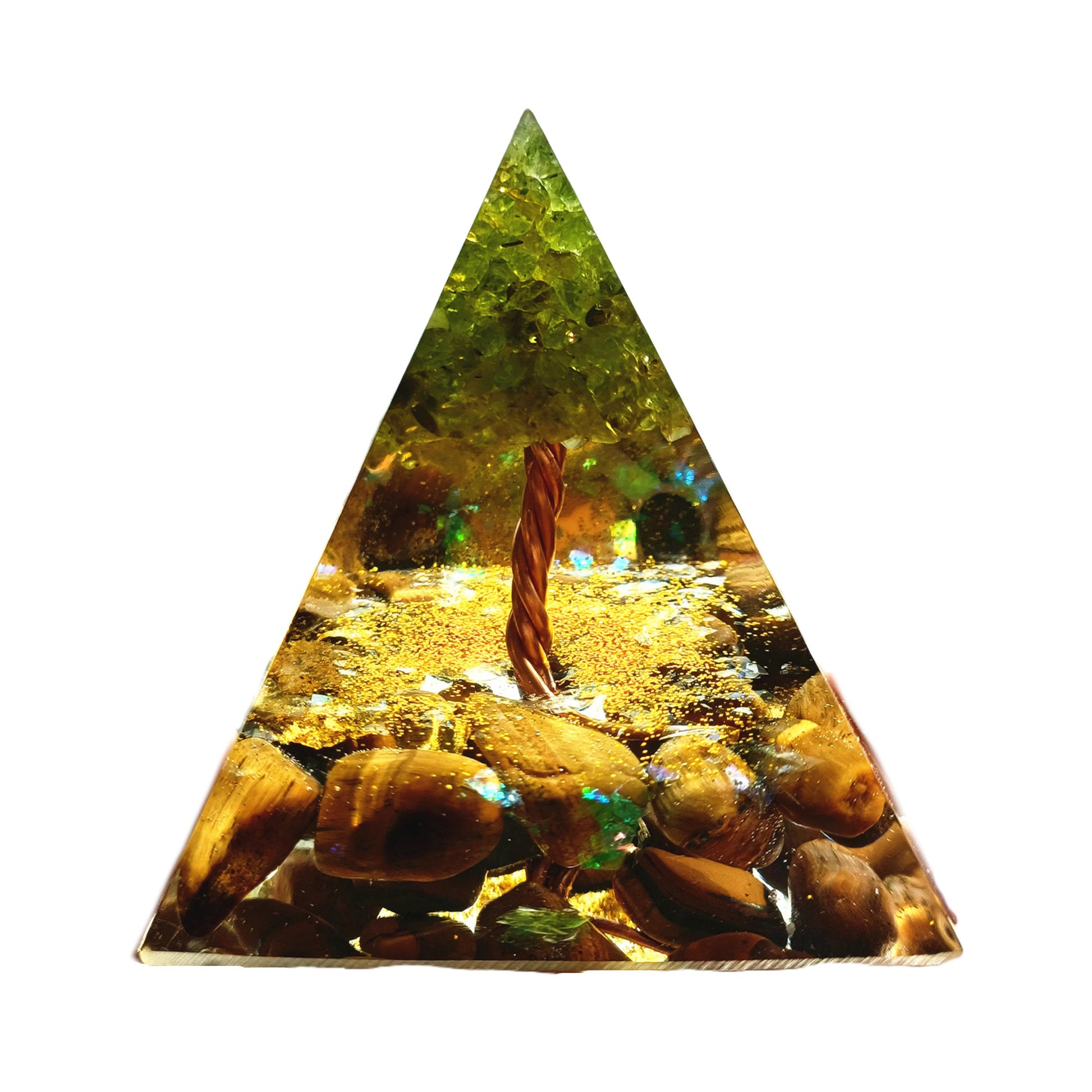 Tiger Eye Tree of Life Orgonite Pyramid with Peridot Crystal Stone Orgone Collection - Besorgone