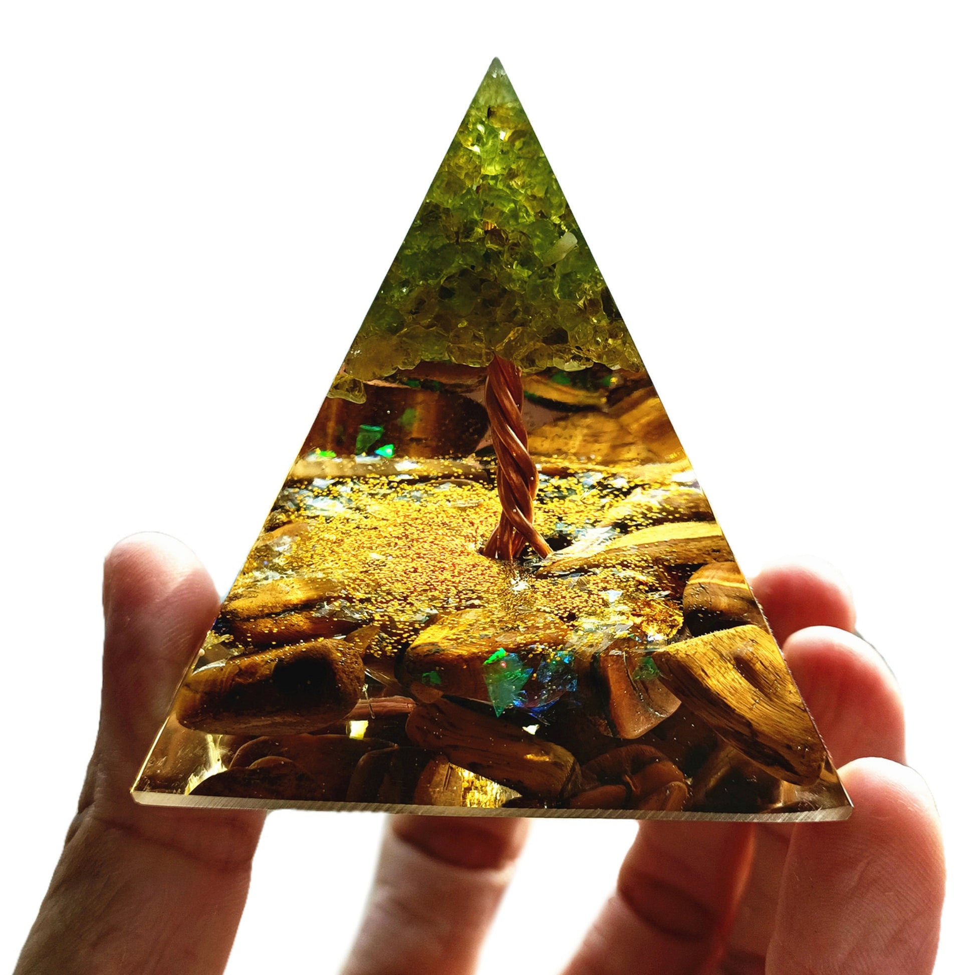 Tiger Eye Tree of Life Orgonite Pyramid with Peridot Crystal Stone Orgone Collection - Besorgone