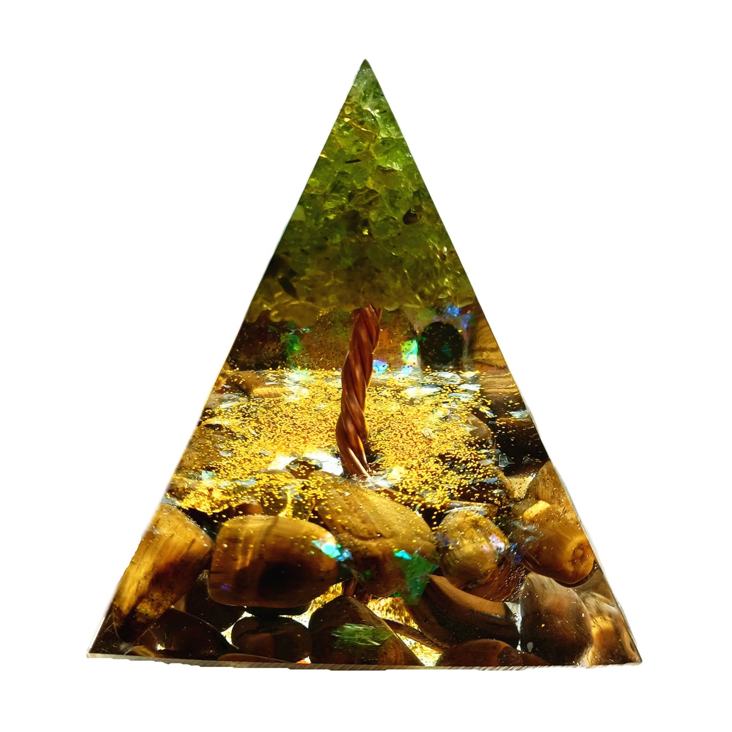 Tiger Eye Tree of Life Orgonite Pyramid with Peridot Crystal Stone Orgone Collection - Besorgone