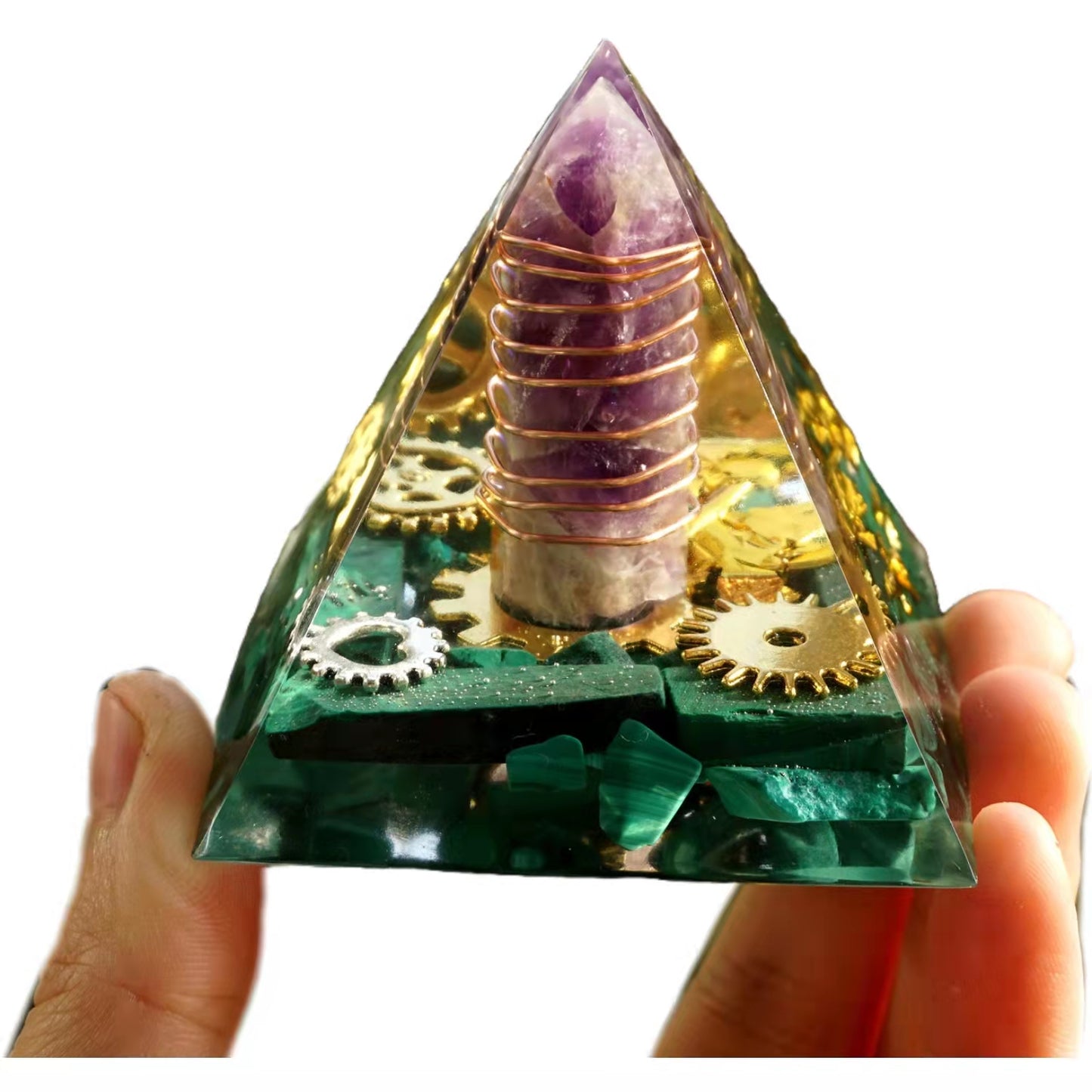 Amethyst Pillar Orgonite Pyramid with Malachite Crystal Healing Reiki Energy Orgone Collection