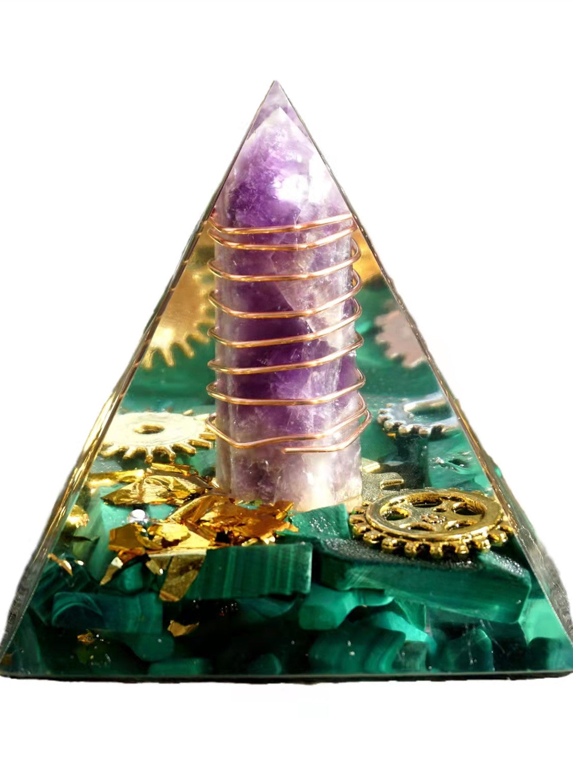 Amethyst Pillar Orgonite Pyramid with Malachite Crystal Healing Reiki Energy Orgone Collection